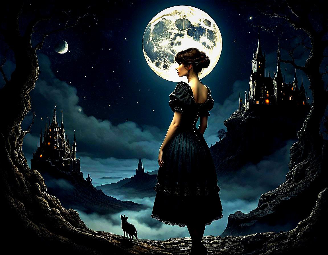 Mystical Night Scene with Woman, Moon, and Cat