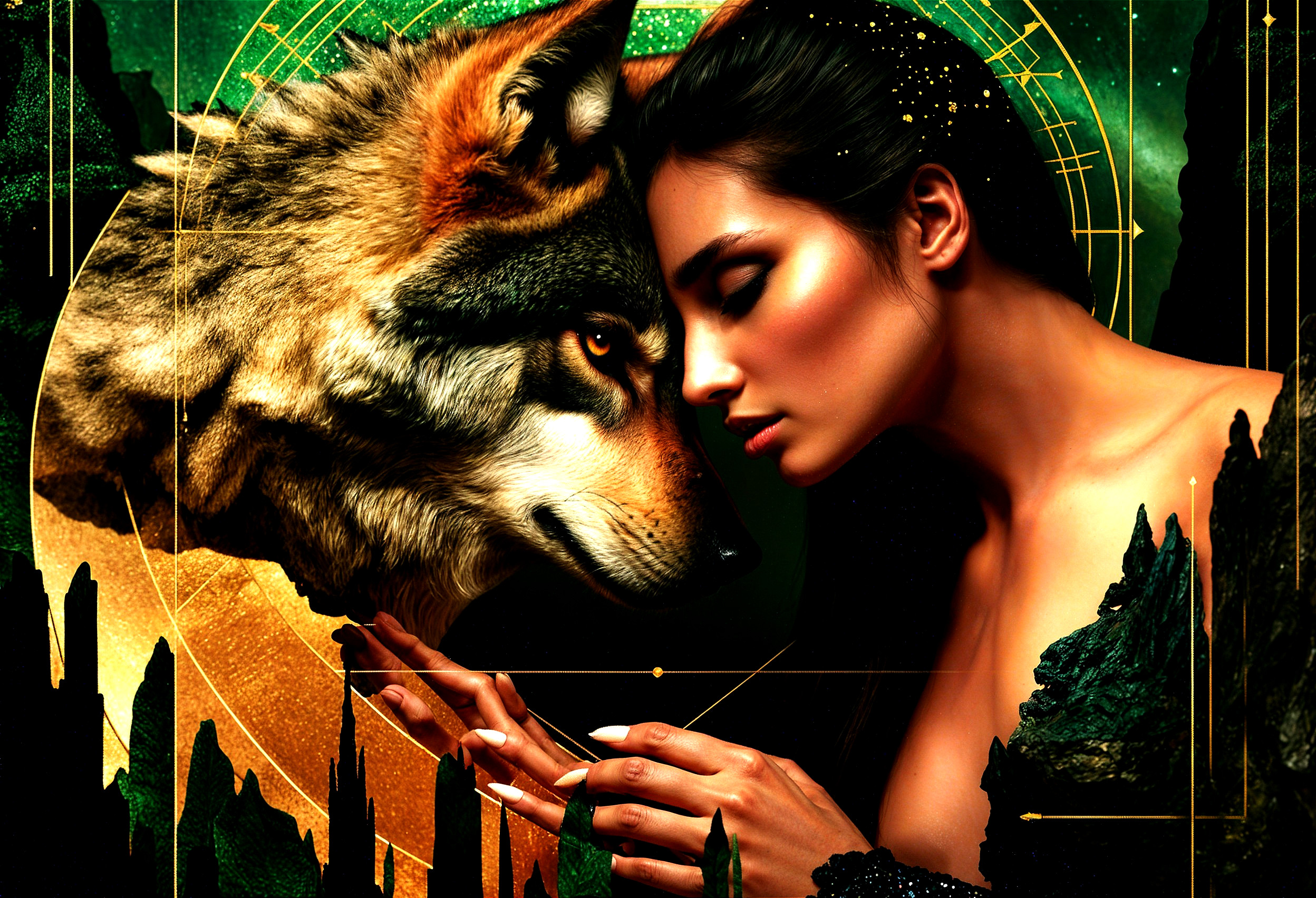 Woman and Wolf in Intense Gaze with Abstract Background