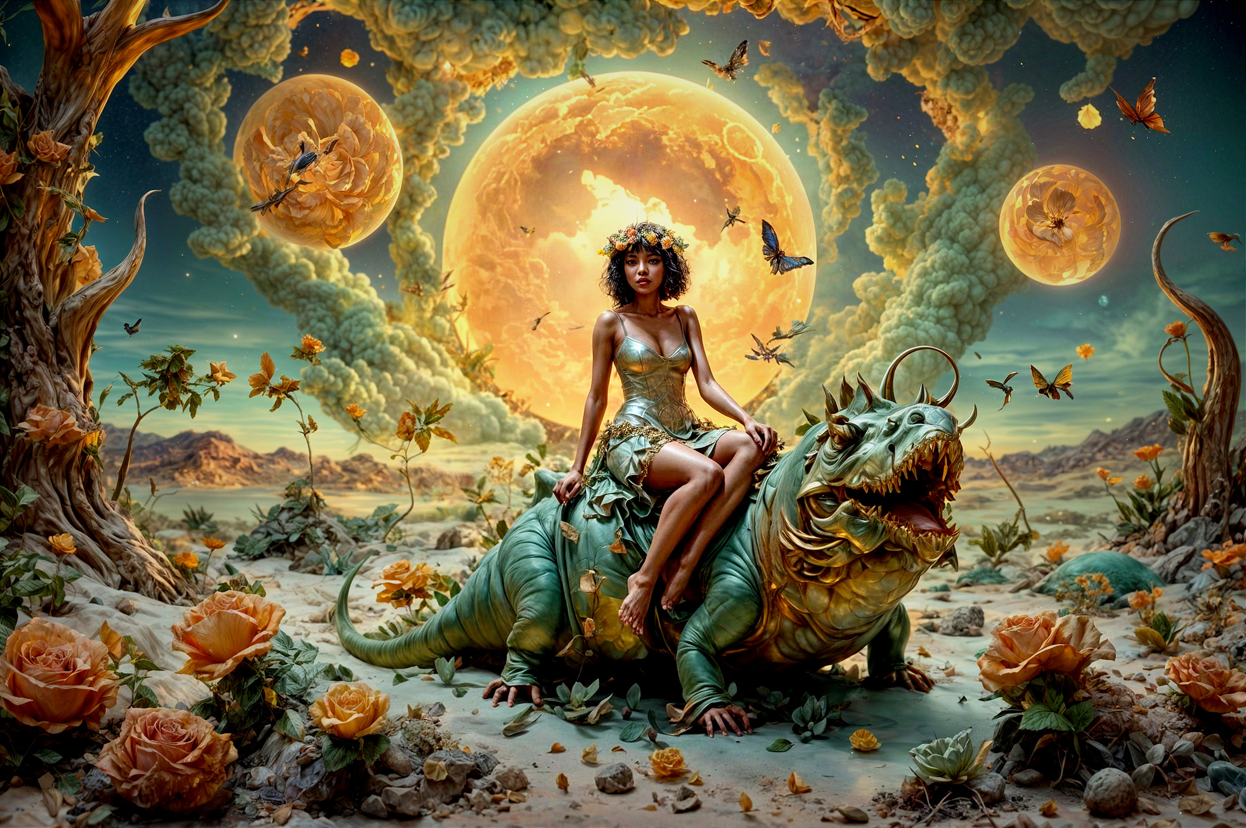 Woman on Dragon in Ethereal Fantasy Landscape