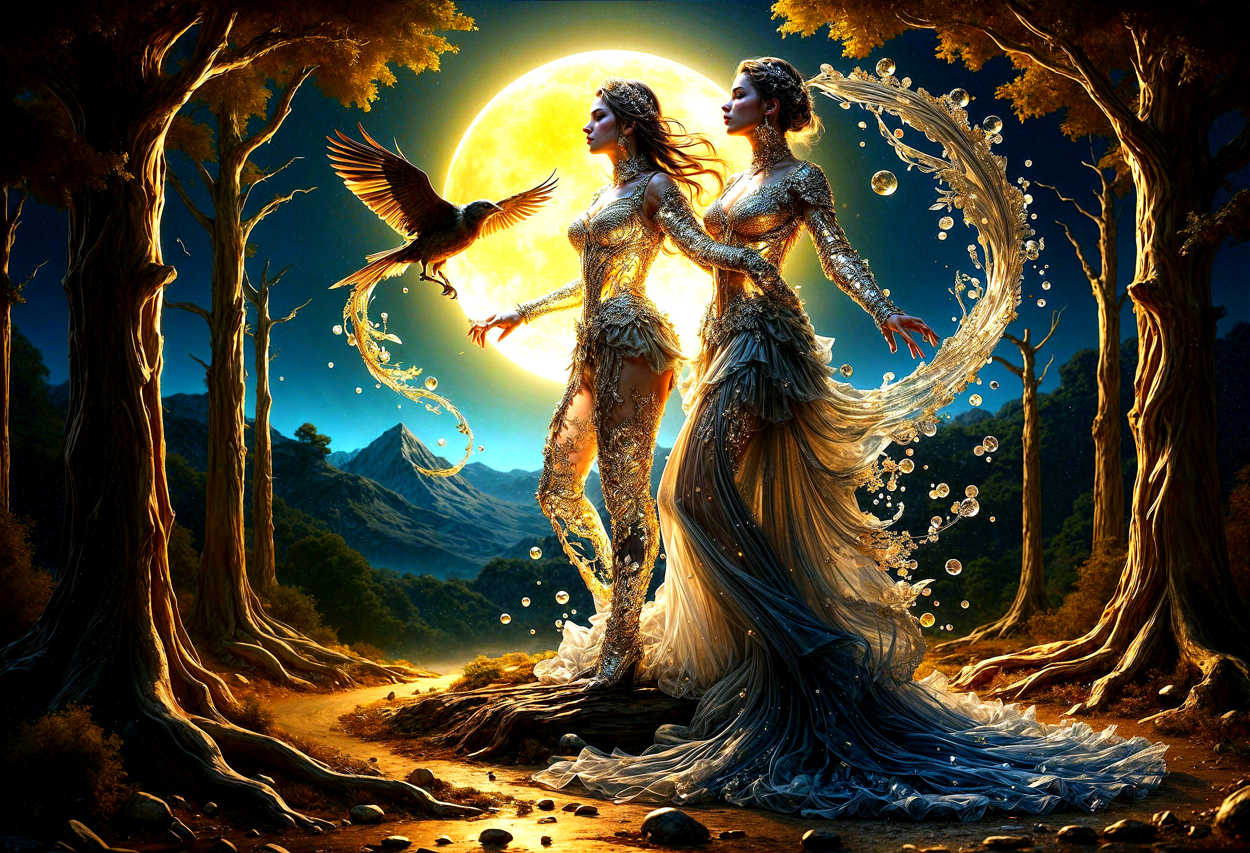 Ethereal Figures in a Moonlit Forest Setting