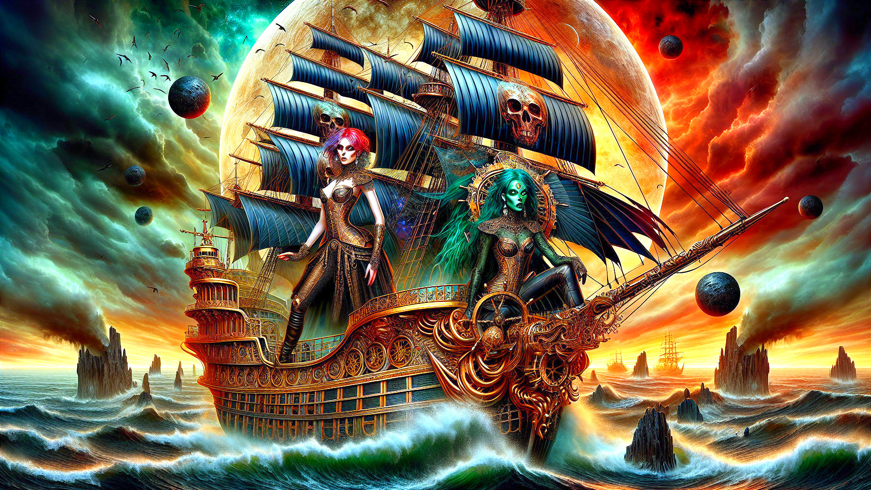 Fantastical pirate ship in vibrant cosmic sea scene