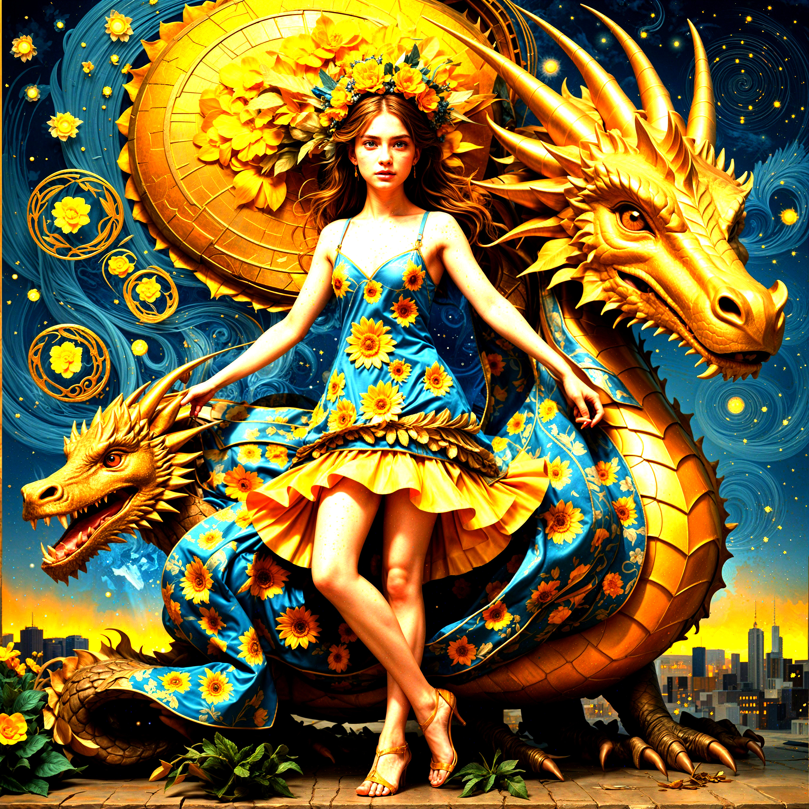 Young Woman in Blue Dress with Golden Dragons and Stars