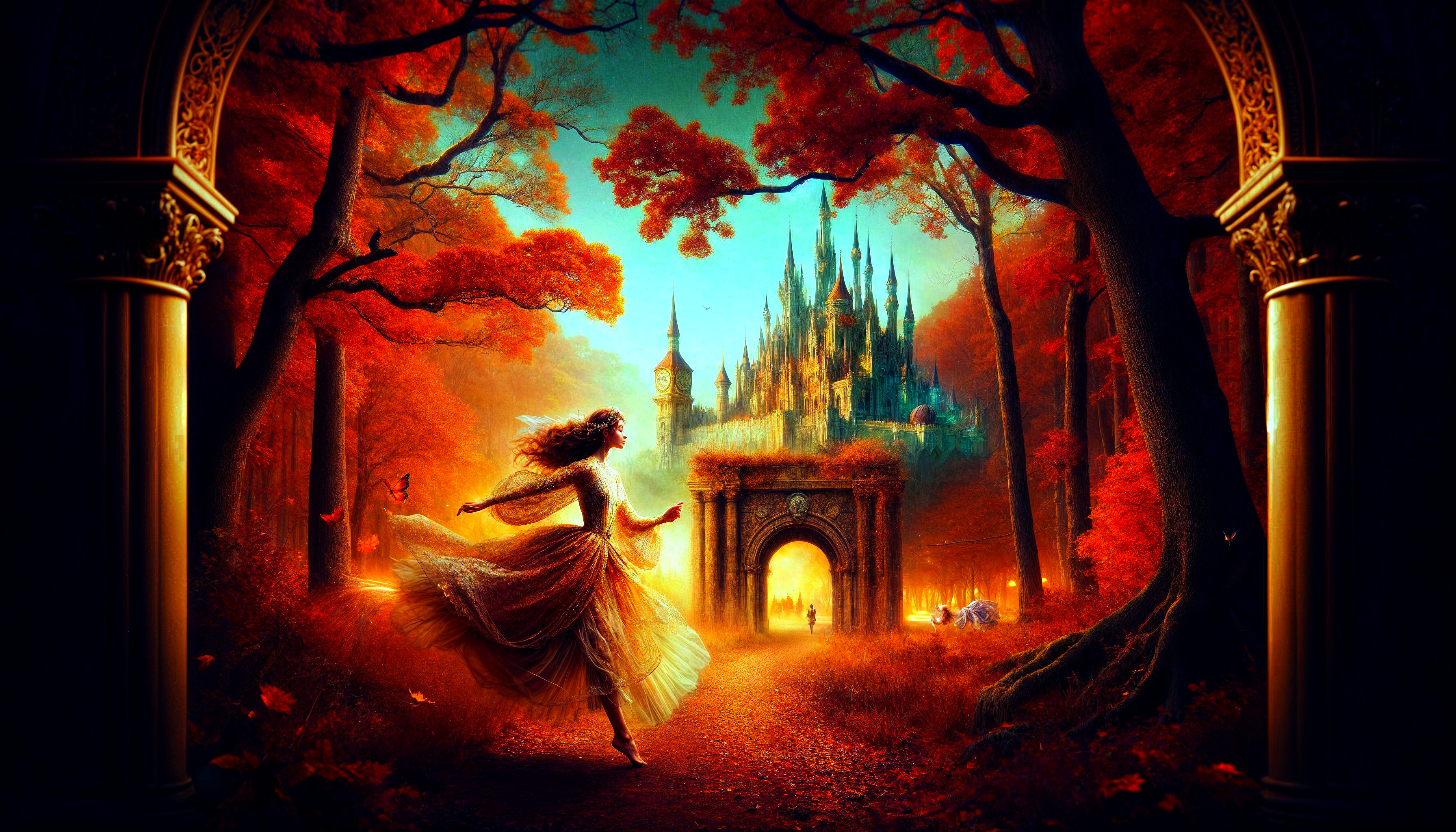 Autumn Forest Scene with Woman and Majestic Castle