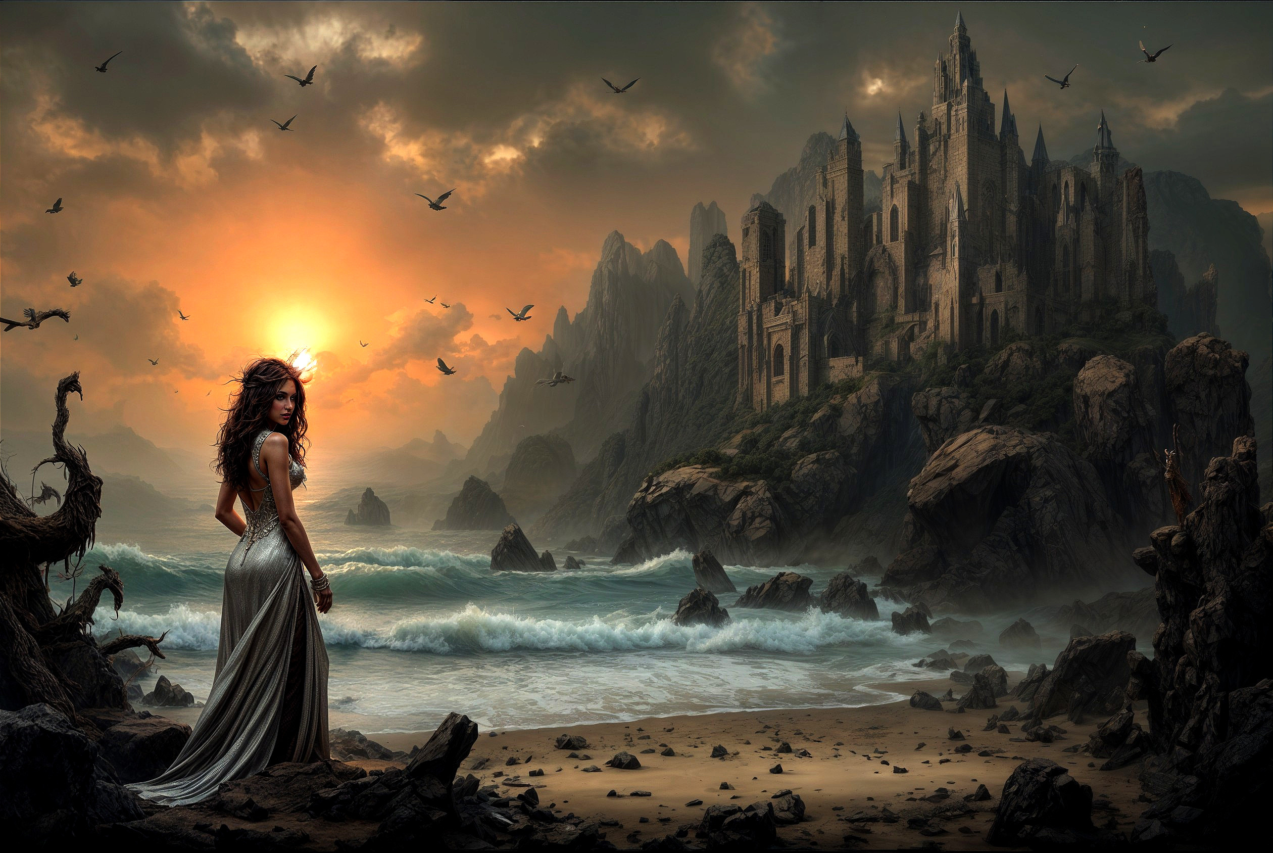 Mystical Sunset Landscape with Castle and Waves