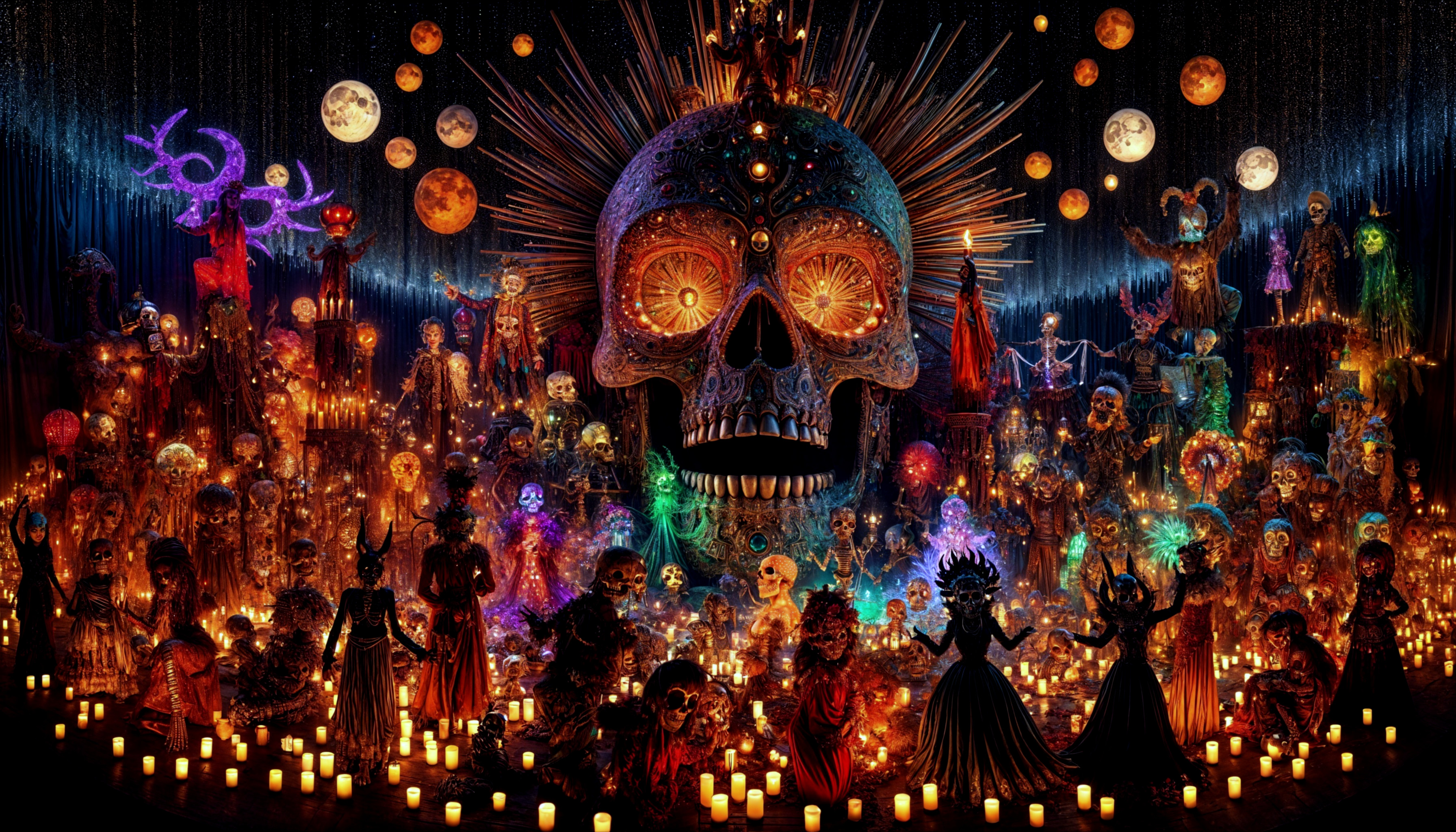 Vibrant Celebration with Skeletons and Colorful Figures