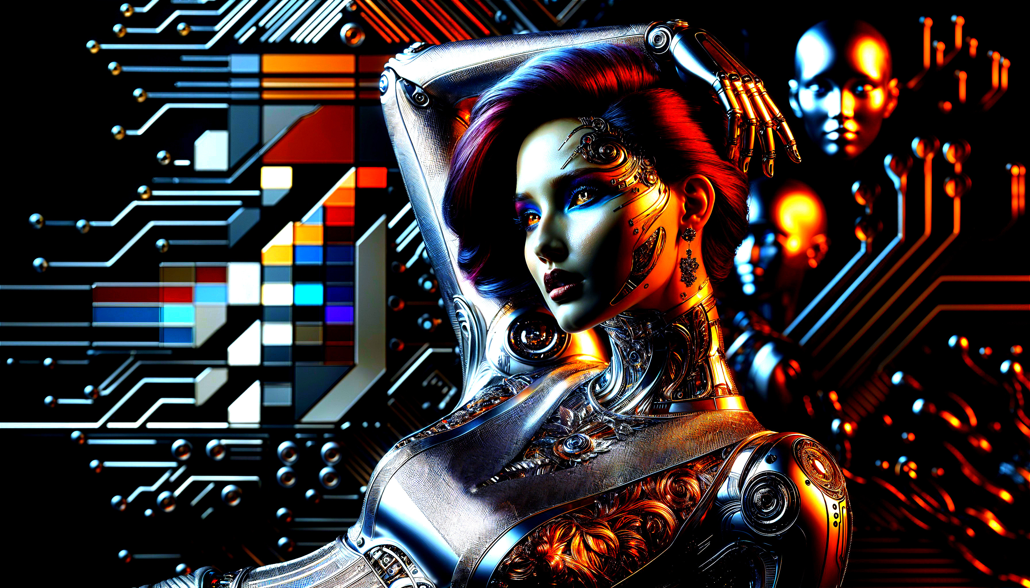 Futuristic Robot with Metallic Features and Red Hair