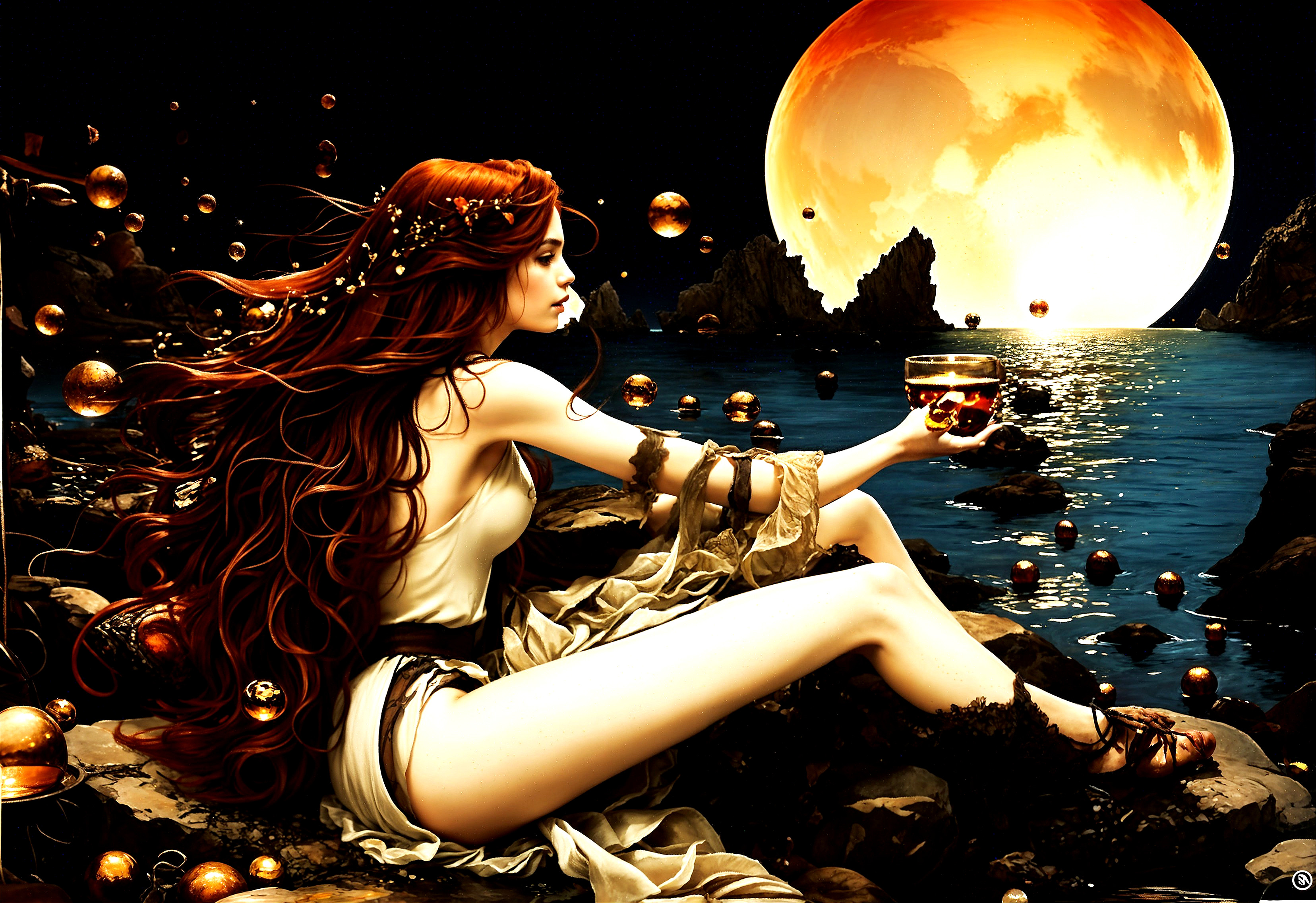 Serene Figure with Red Hair on Rocky Shore at Night