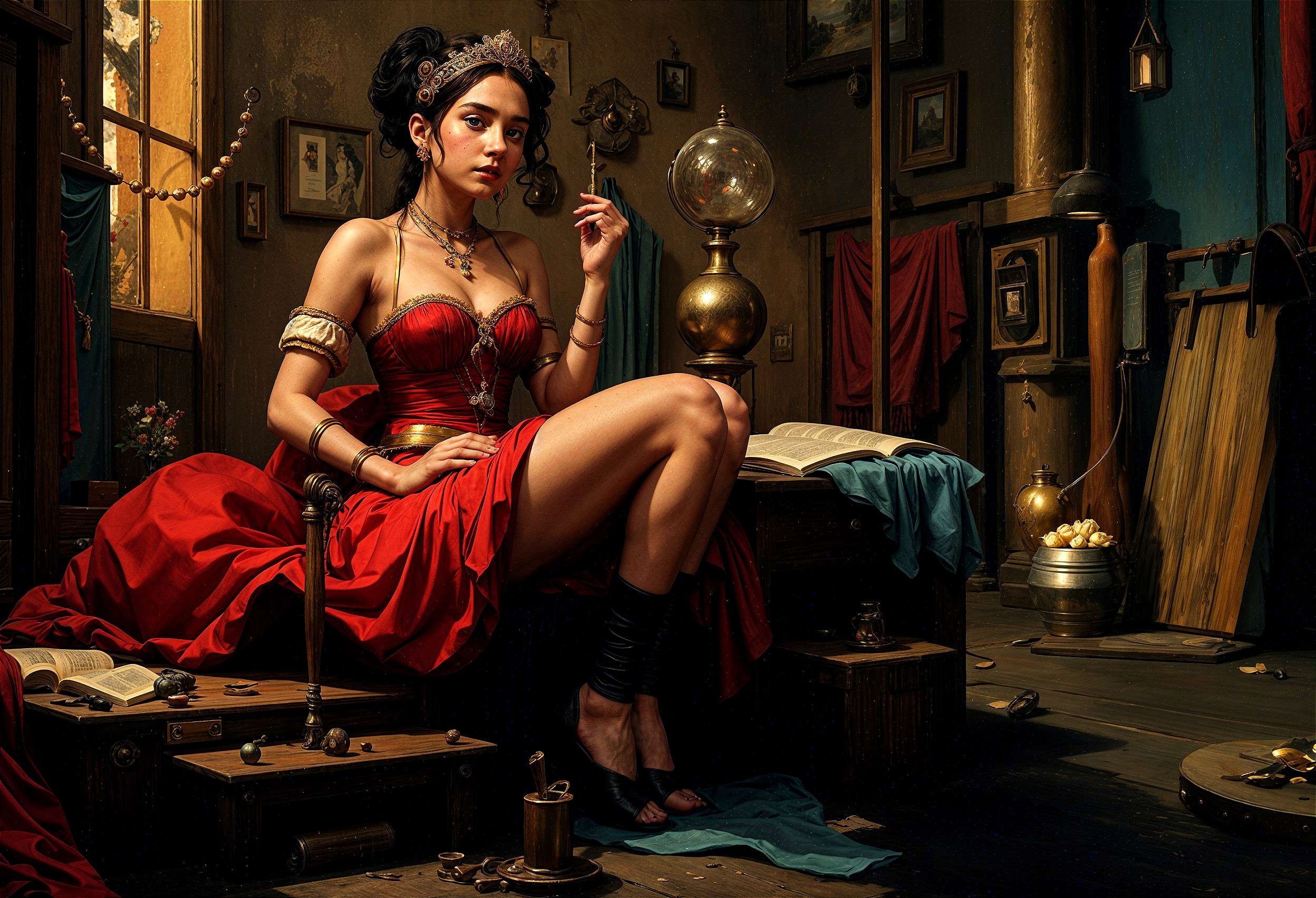 Young Woman in Red Gown in Ornate Elegant Room