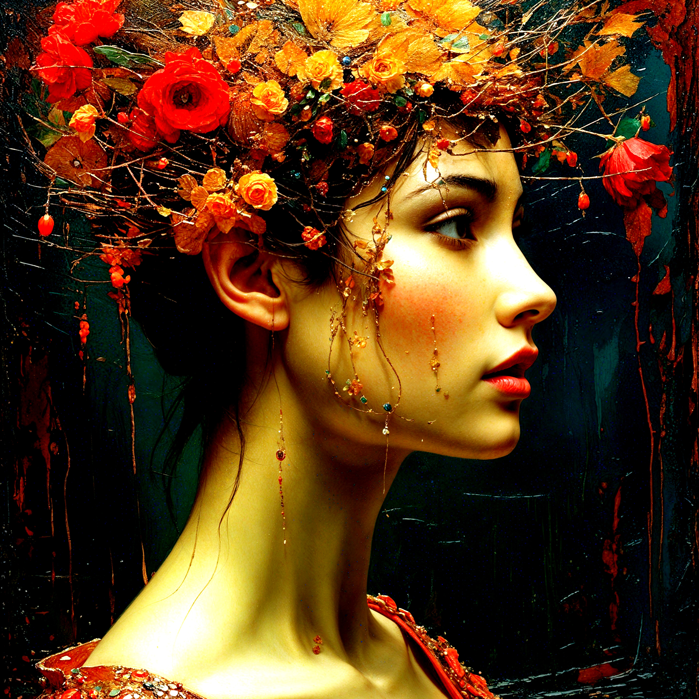 Young Woman with Floral Headdress and Beaded Hair