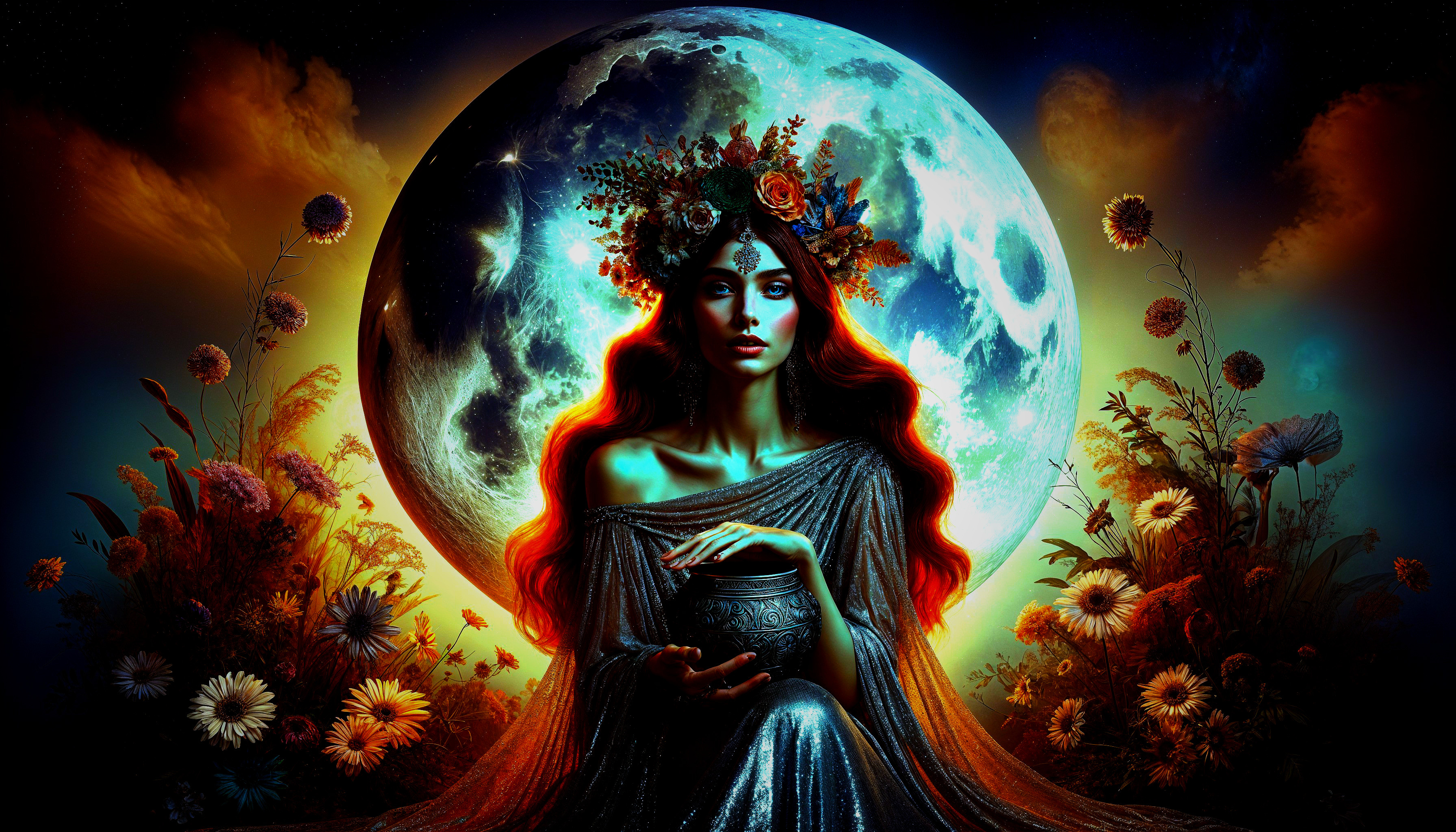 Mystical figure with floral crown by full moon