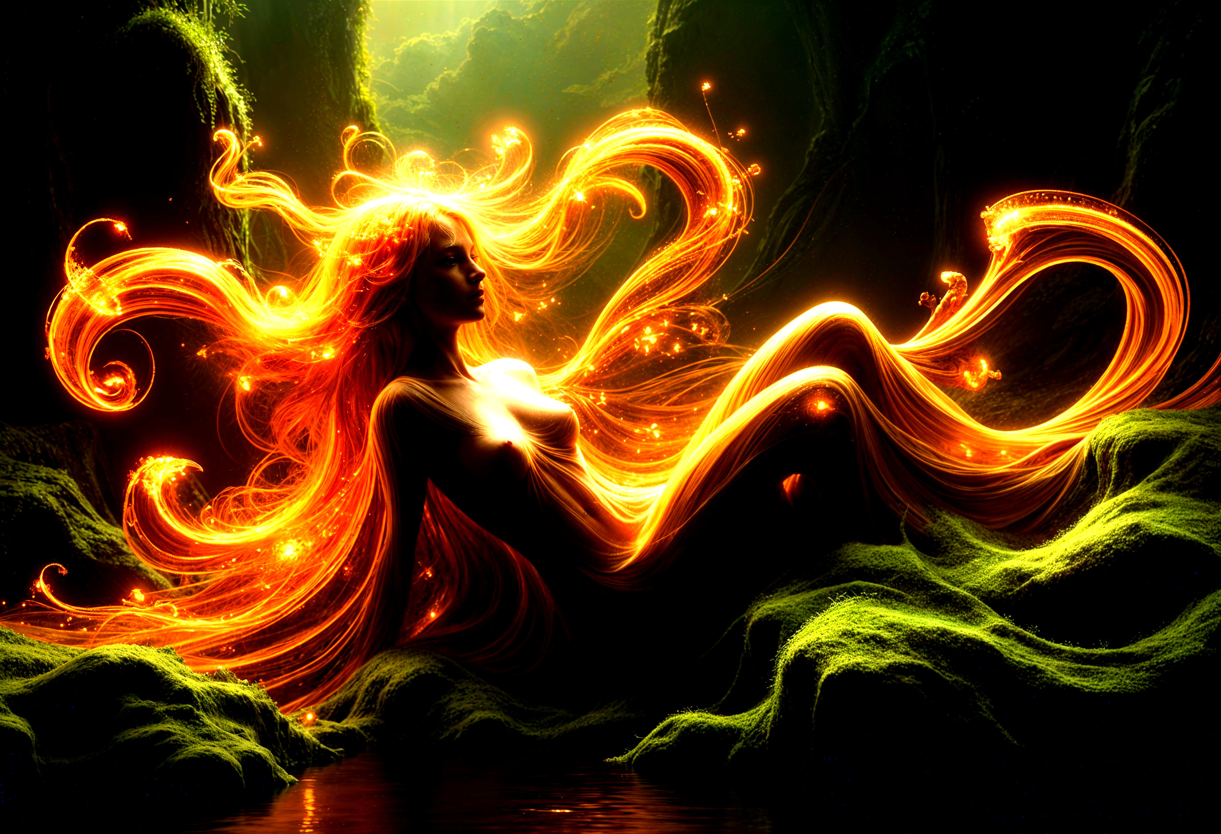 Mystical figure with fiery hair in enchanted landscape