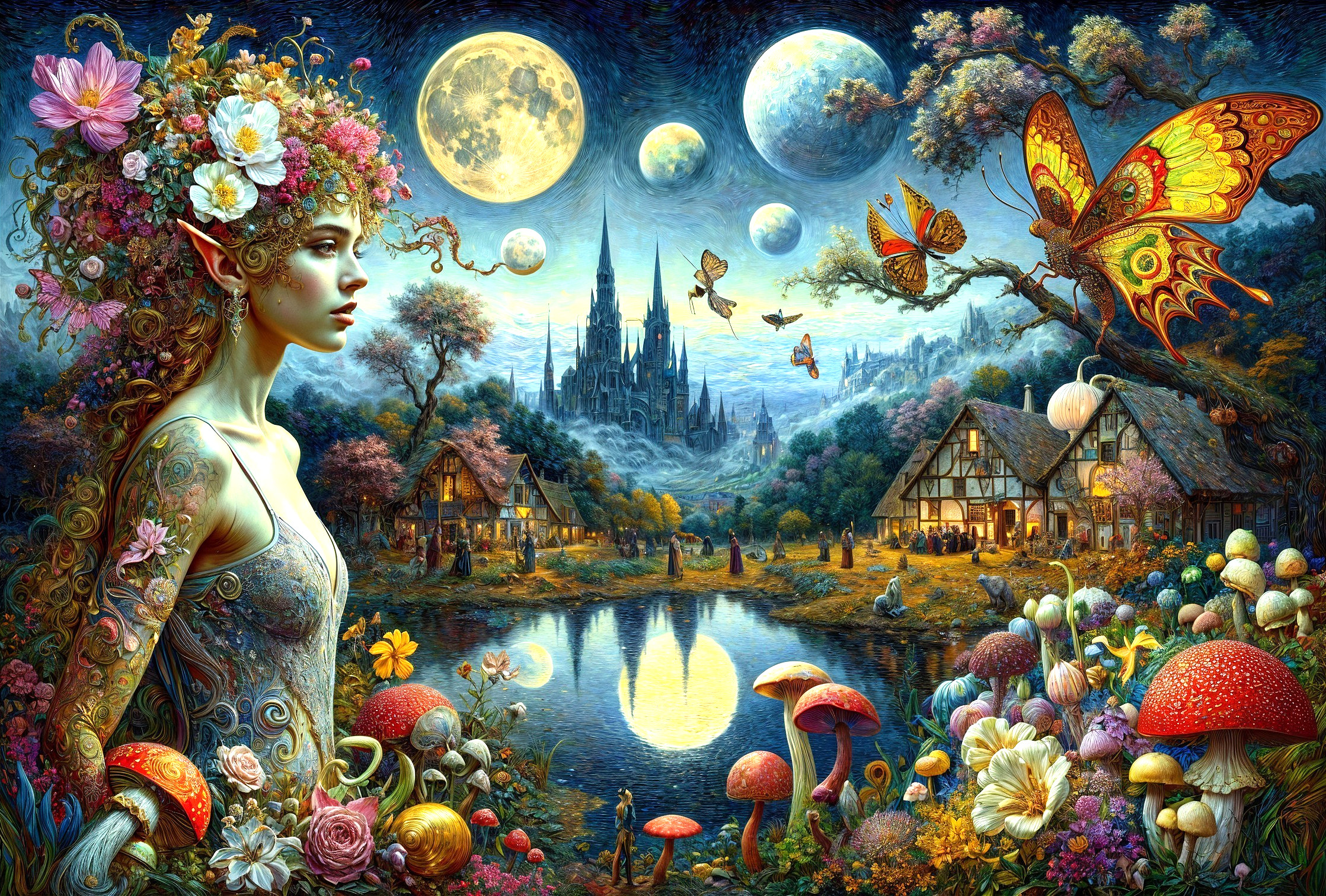 Mystical Landscape with Serene Figure and Vibrant Village