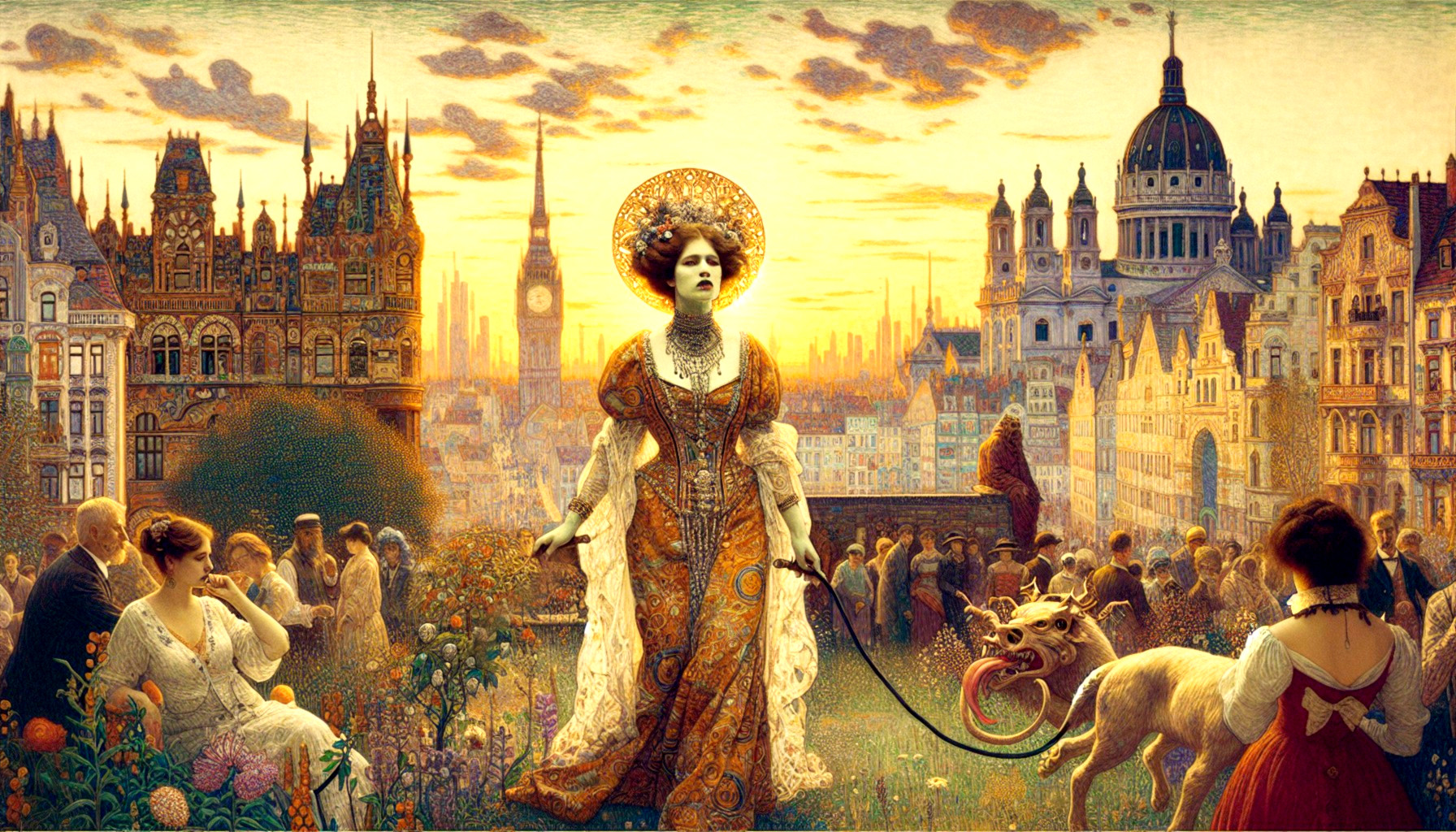 Majestic Woman with Mythical Creature at Sunset