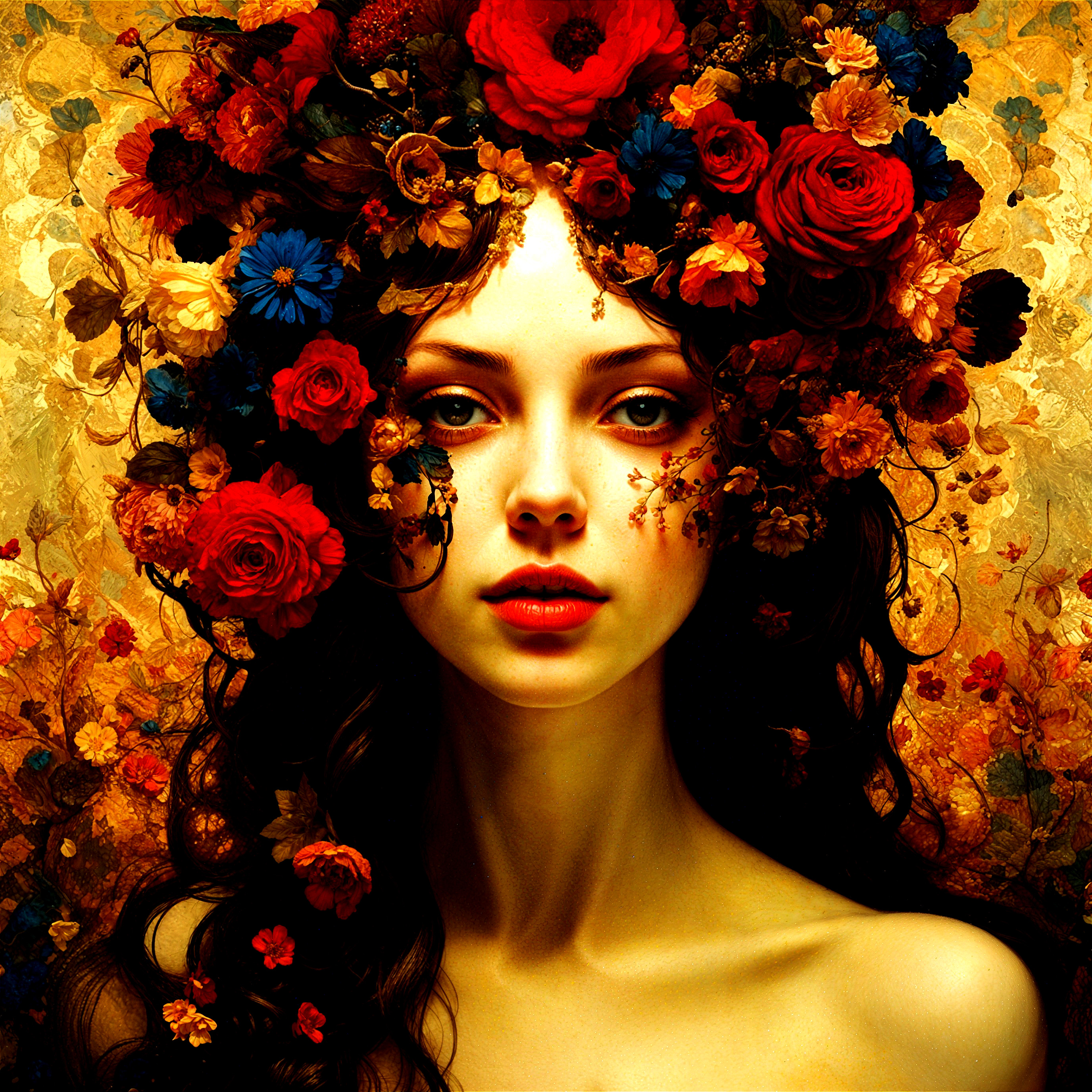 Portrait of a woman with floral crown and warm background