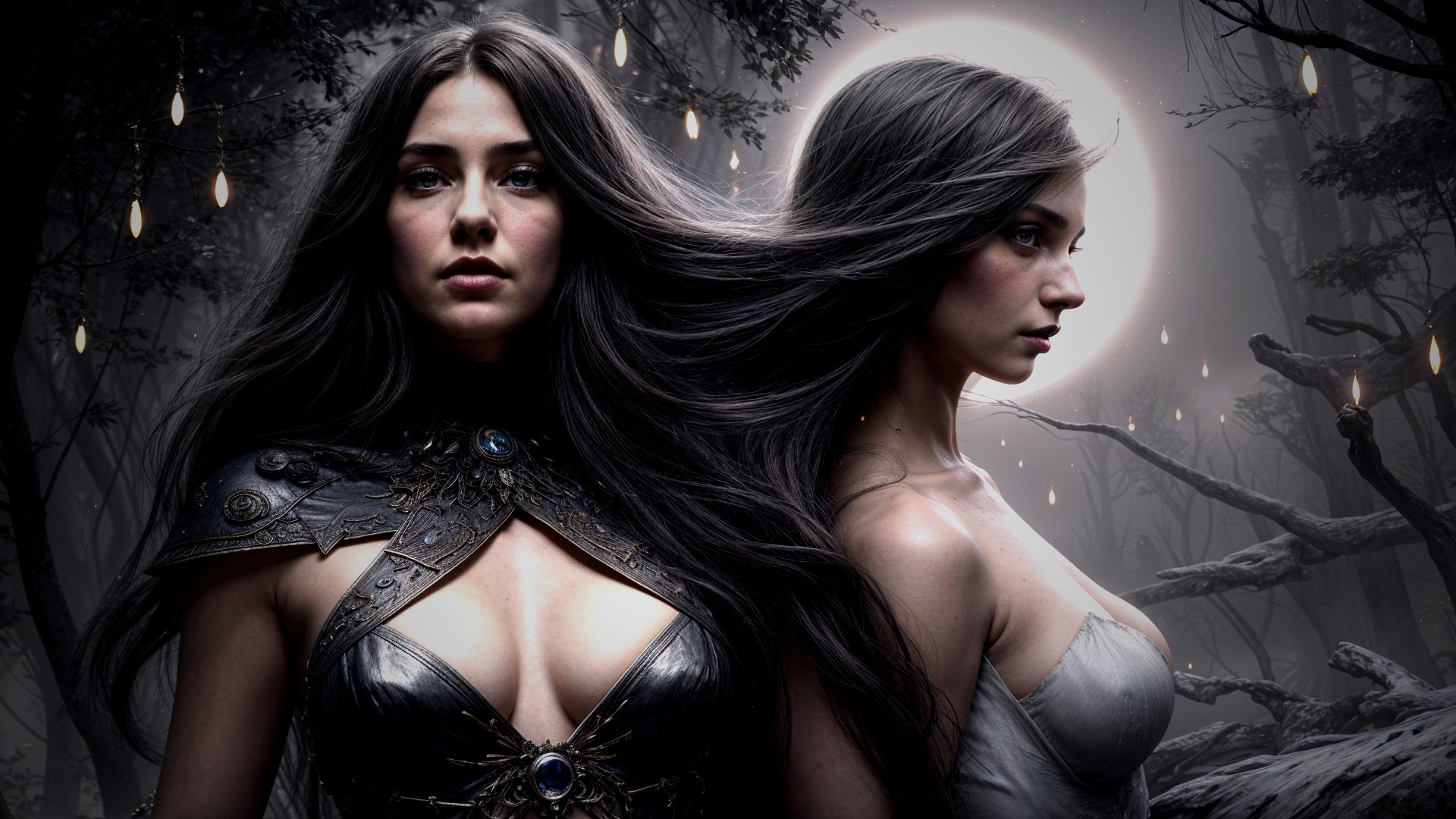 Enchanting Women in a Mystical Forest at Night