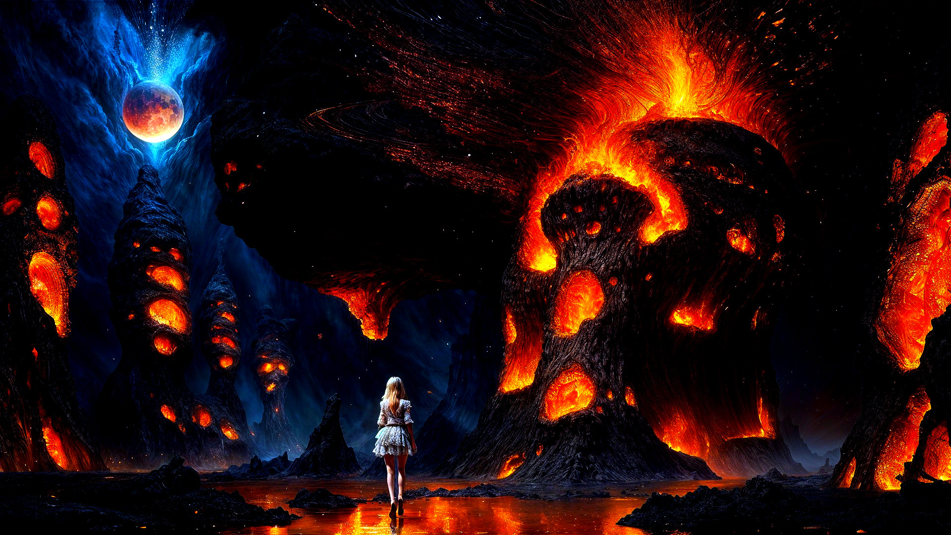 Otherworldly Landscape with Volcanic Formations and Lava