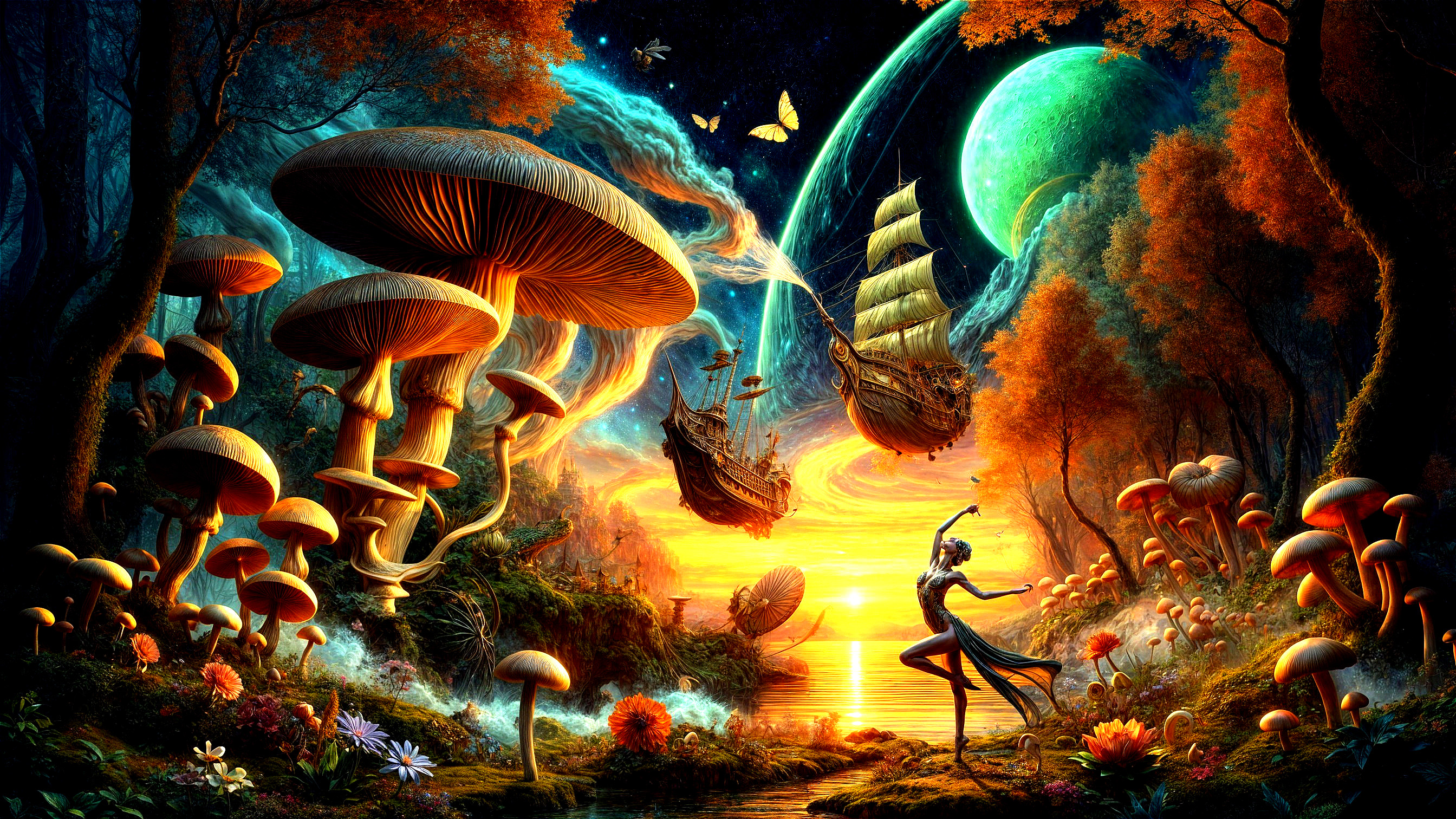 Surreal Landscape with Vibrant Mushrooms and Ships