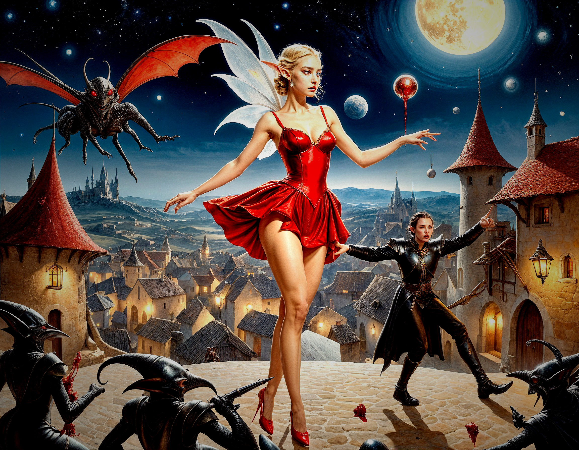 Fairy in Red Dress with Magical Orb in Enchanted Scene