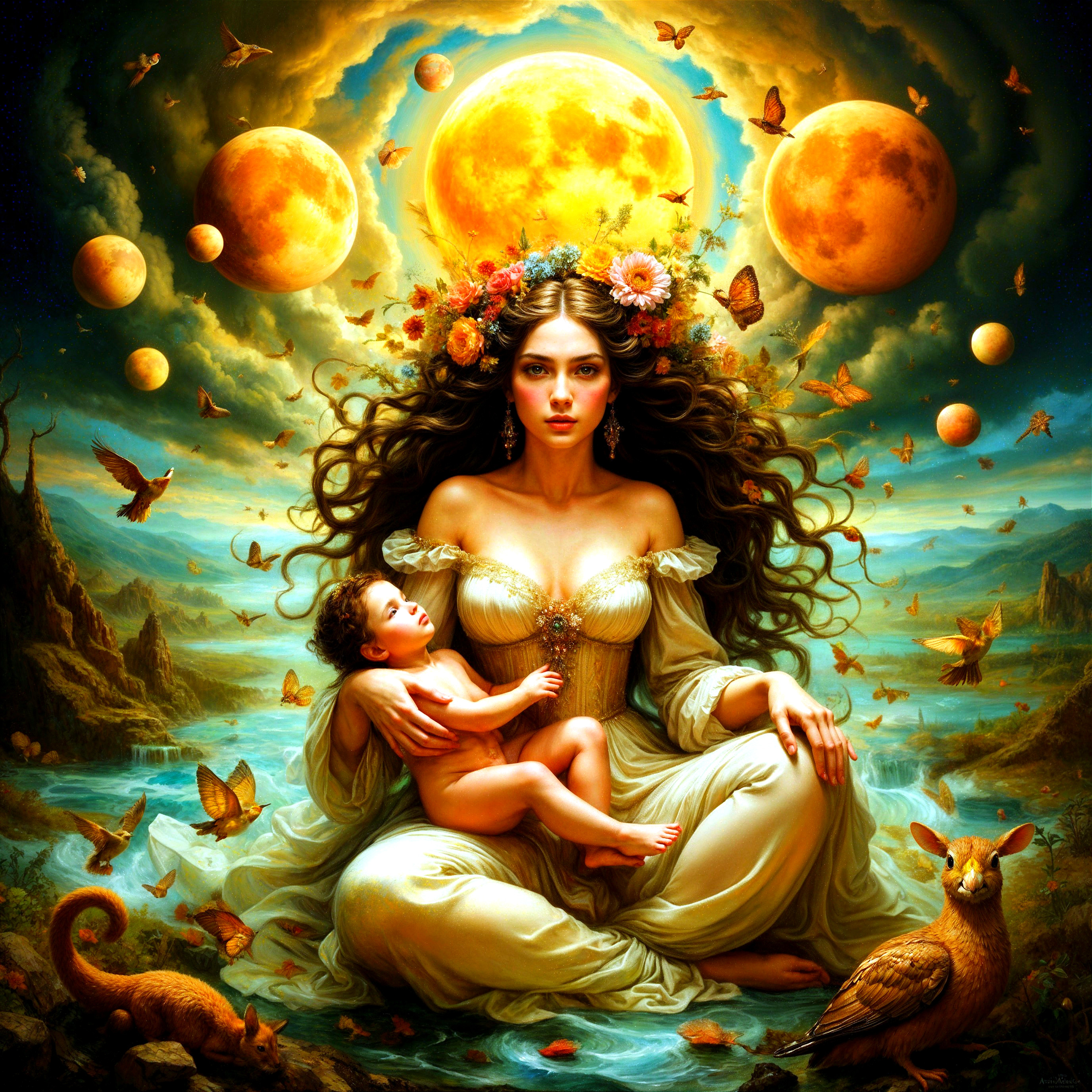 Goddess Figure in Cosmic Landscape with Child and Animals