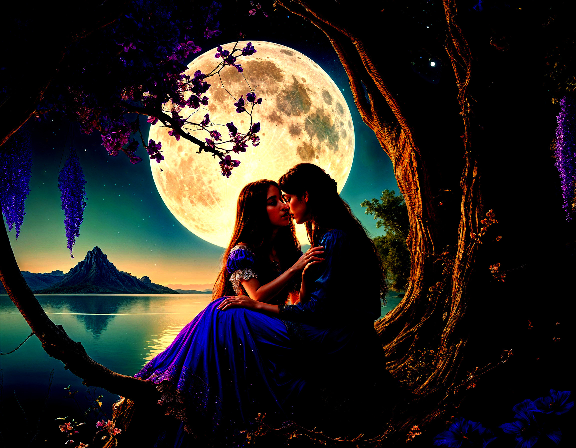Romantic Scene Under a Full Moon by a Tranquil Lake