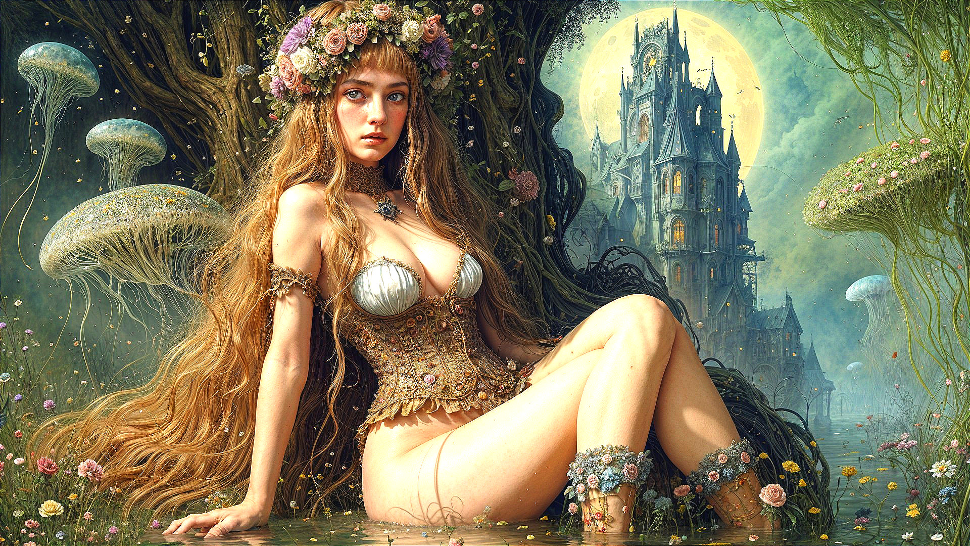 Fairy Tale Scene with Woman by Mystical Pool