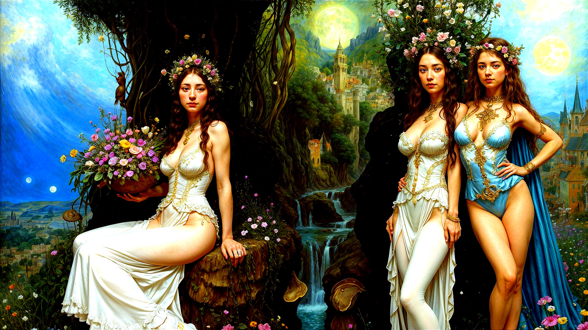 Elegant women in a vibrant, fantastical landscape