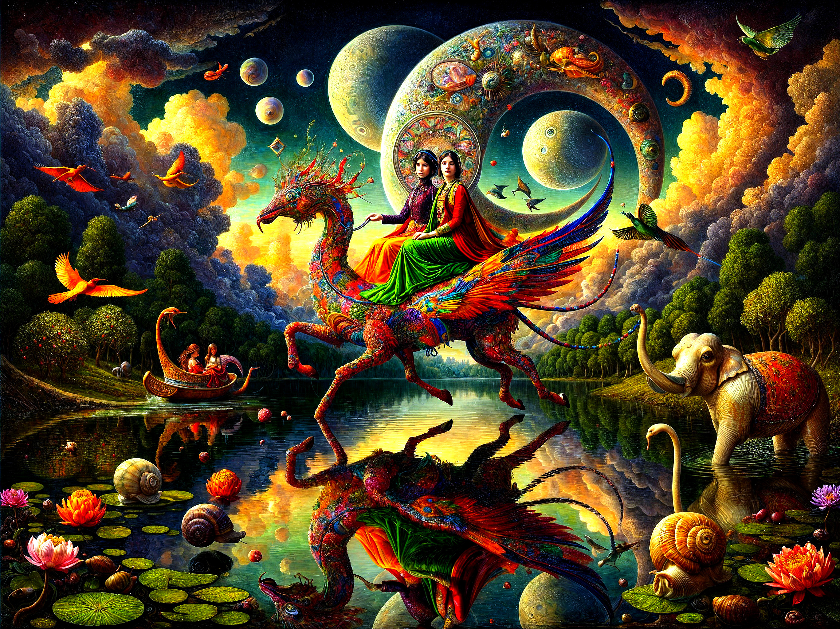 Fantastical Landscape with Colorful Bird and Figures