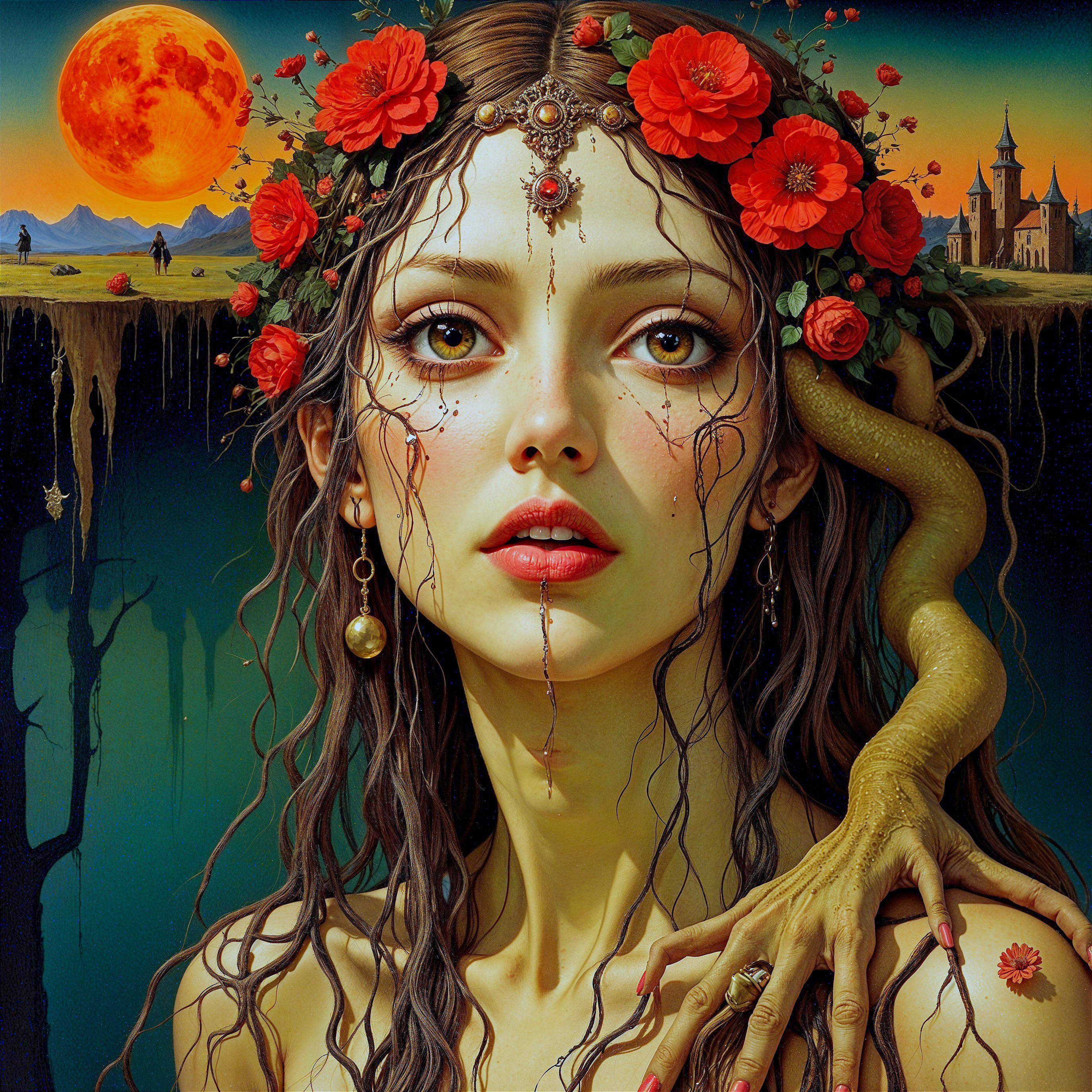 Mystical Woman in Surreal Landscape with Glowing Moon