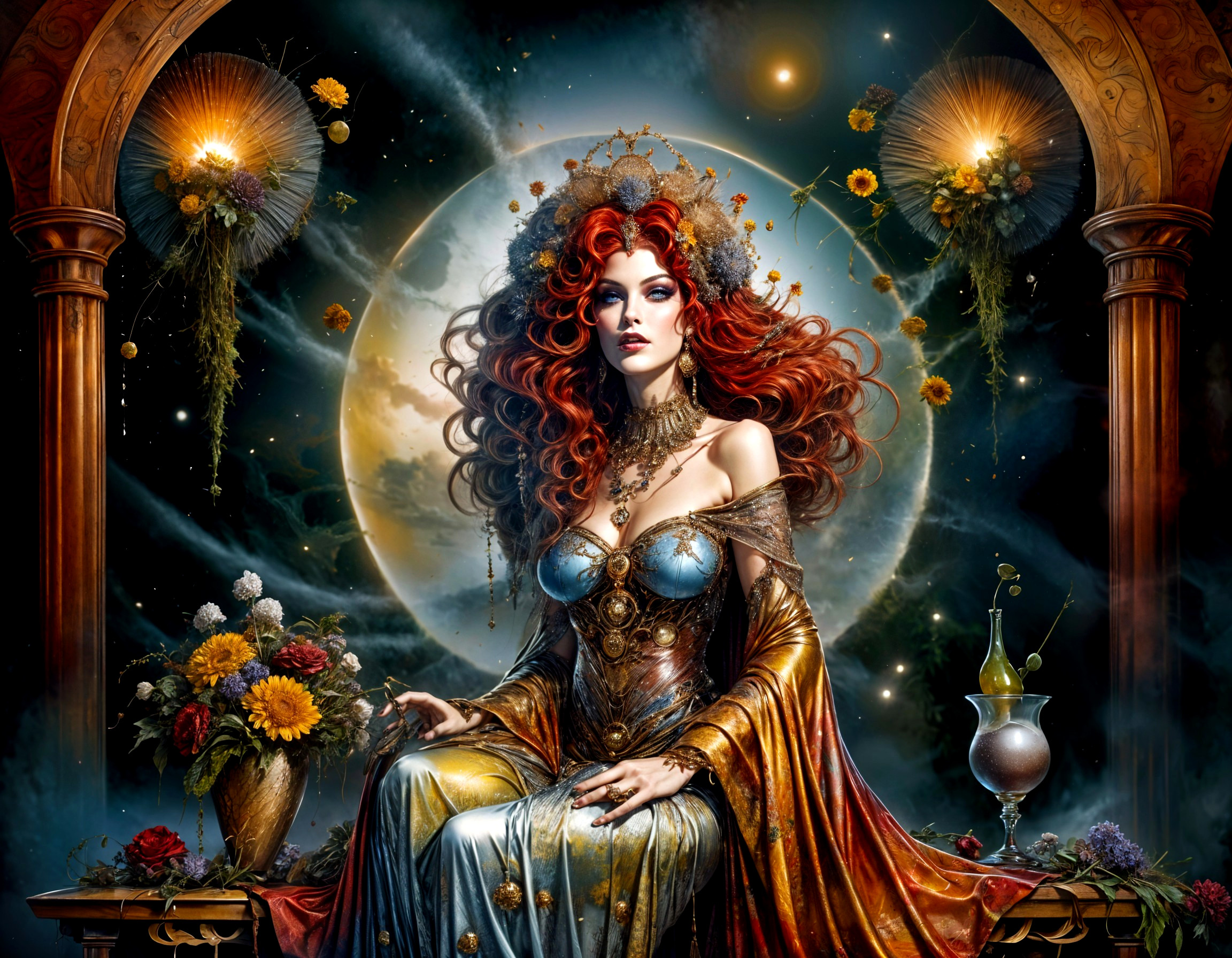 Regal Woman in Shimmering Blue and Gold Gown