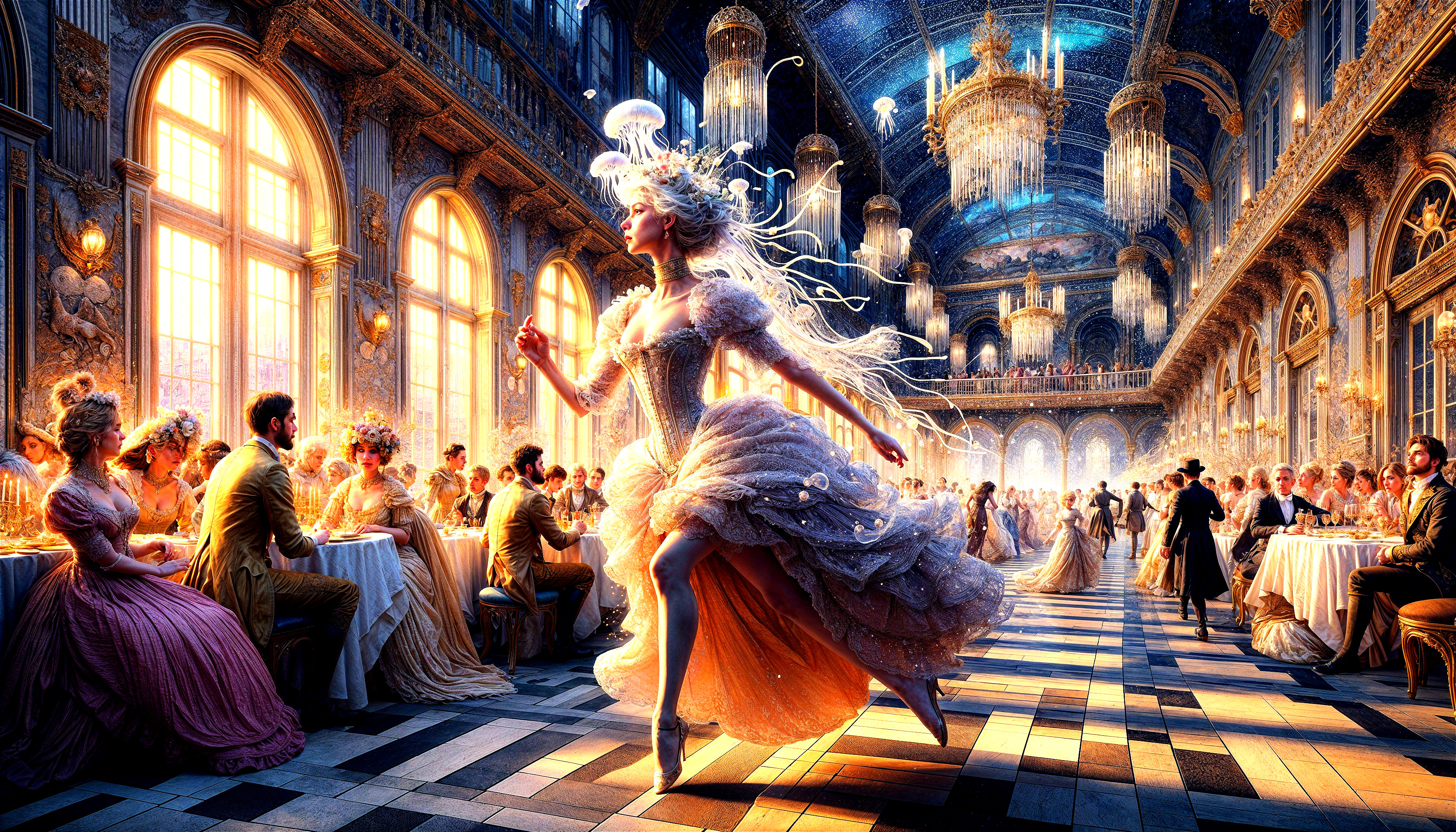 Opulent ballroom with chandeliers and elegant guests