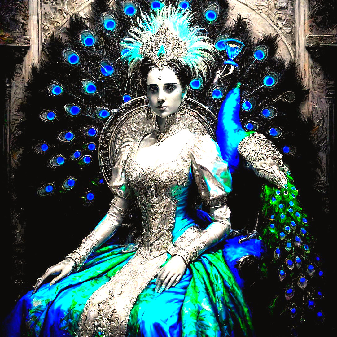 Regal Figure in Silver Gown with Peacock Display