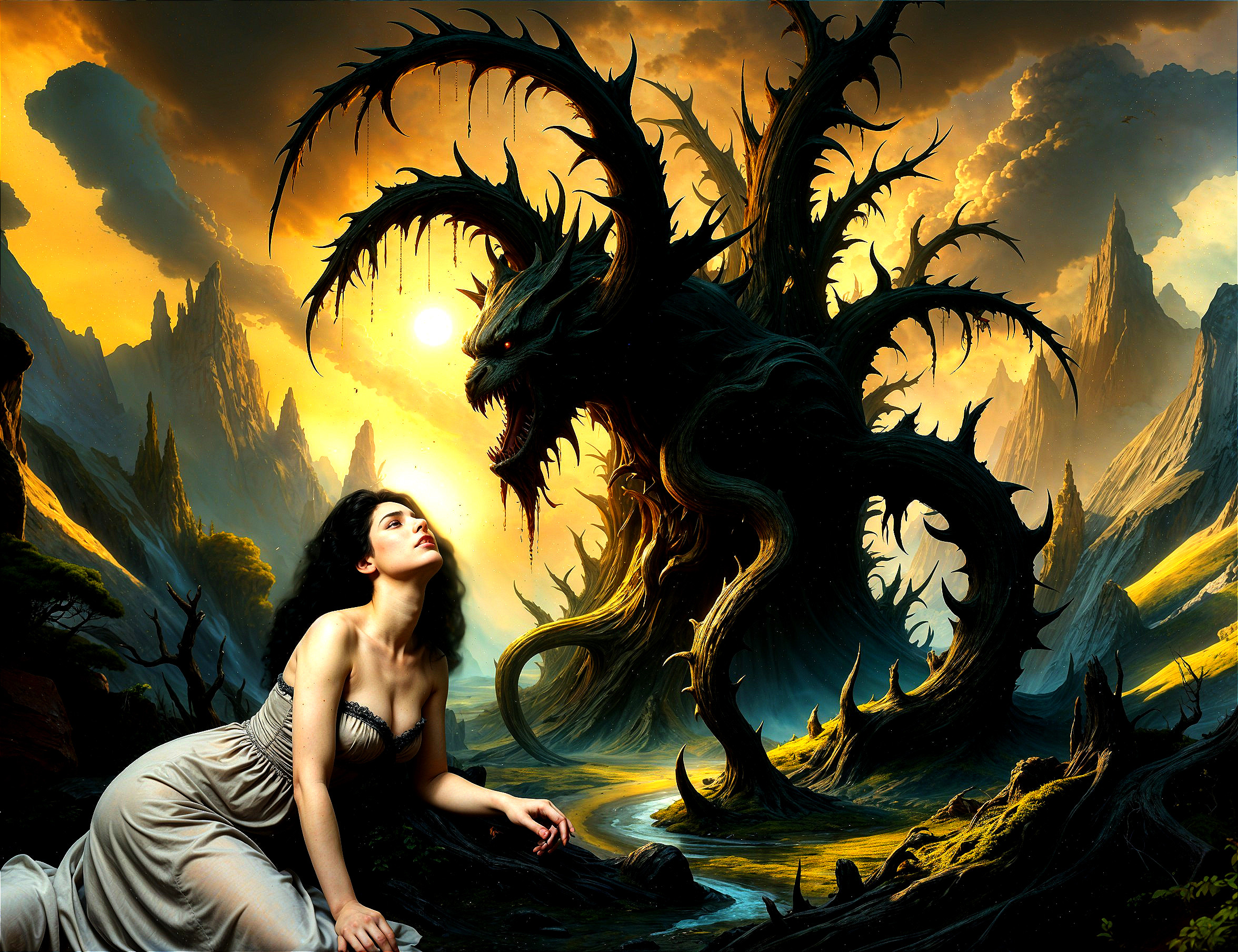 Surreal Landscape with Woman and Monstrous Creature