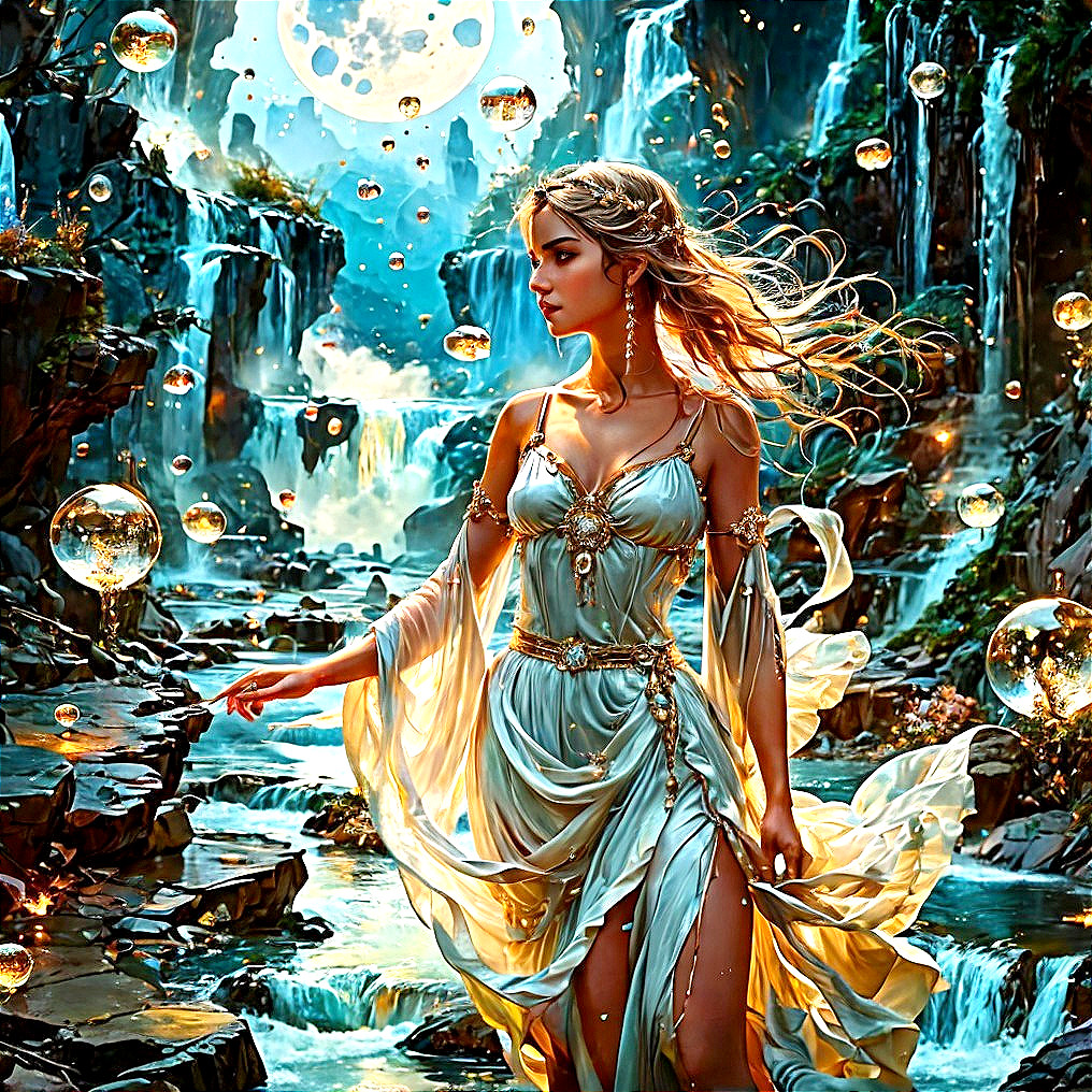 Ethereal Woman in Enchanted Landscape with Waterfalls