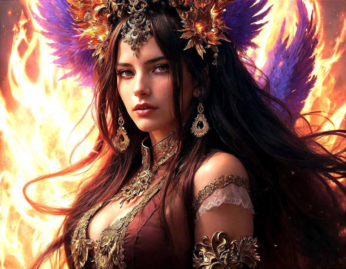 Woman in Ornate Gold Jewelry with Colorful Wings