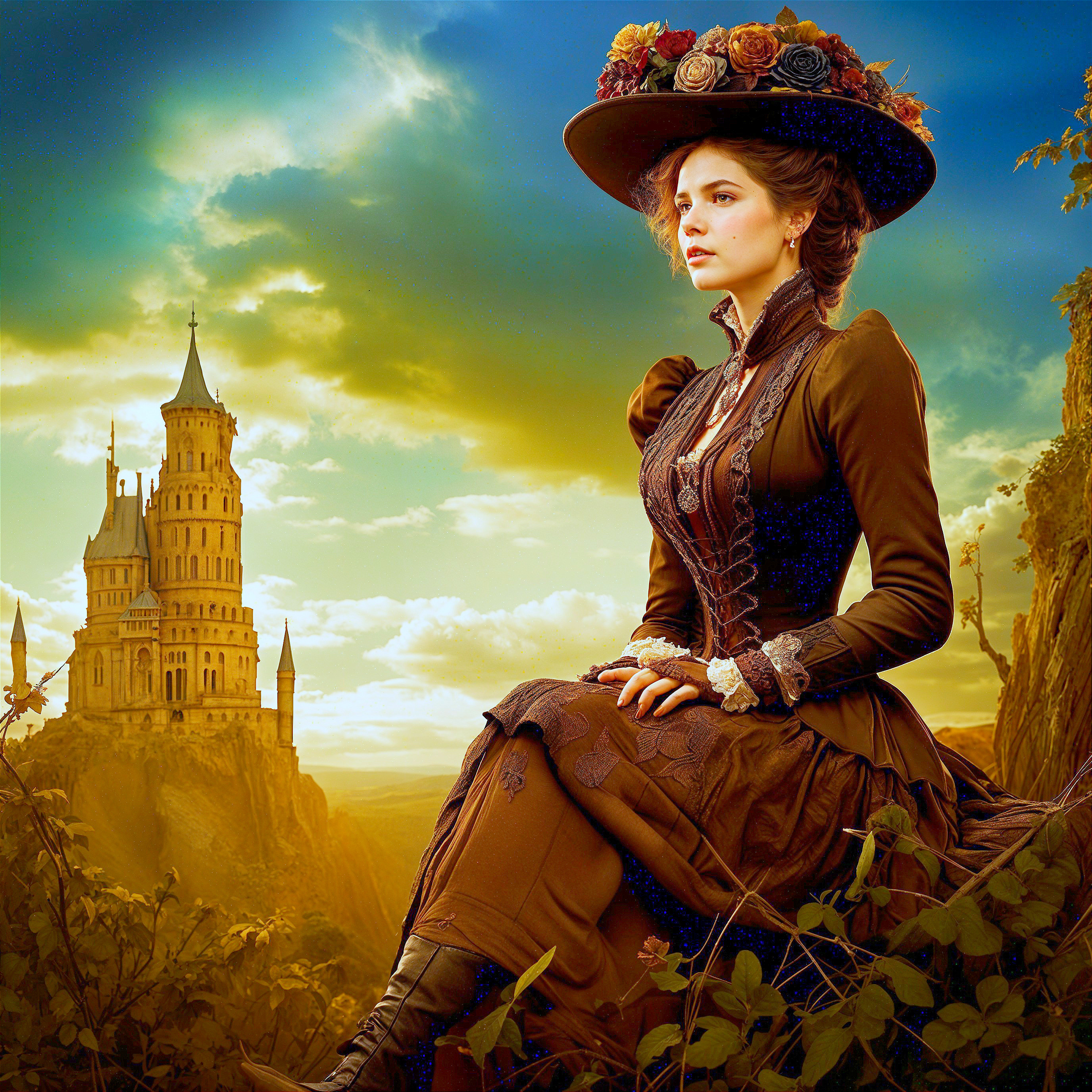 Elegant Woman in Vintage Gown on Cliff at Sunset