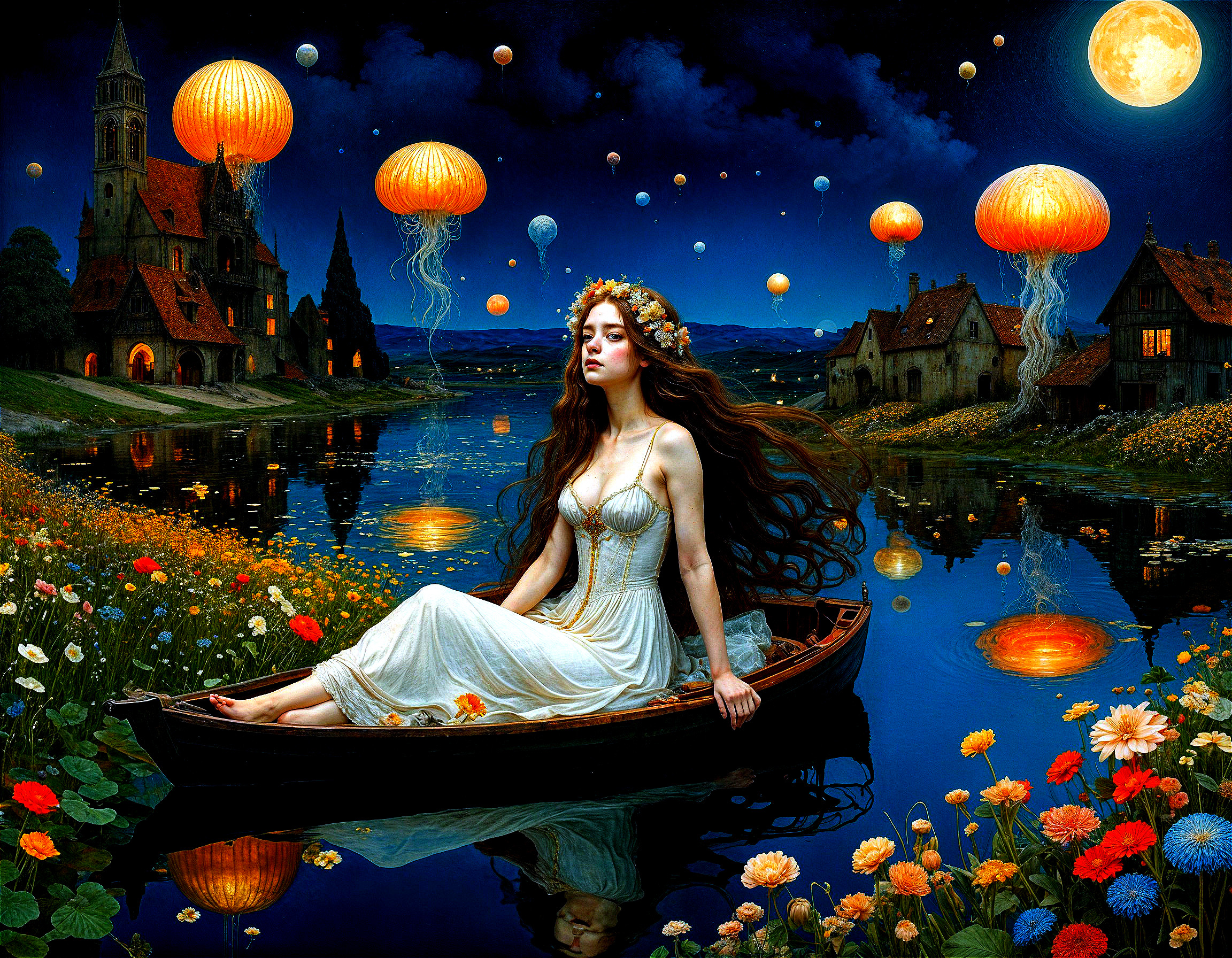 Woman in White Dress on Tranquil Lake at Night