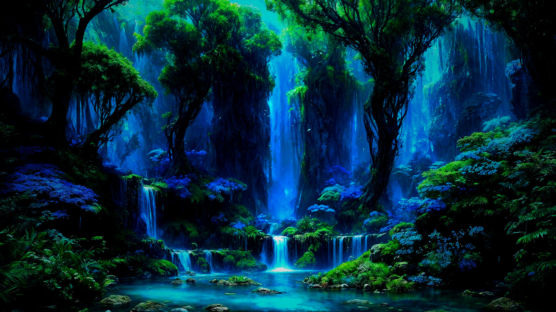 Mystical Forest with Waterfalls and Vibrant Foliage