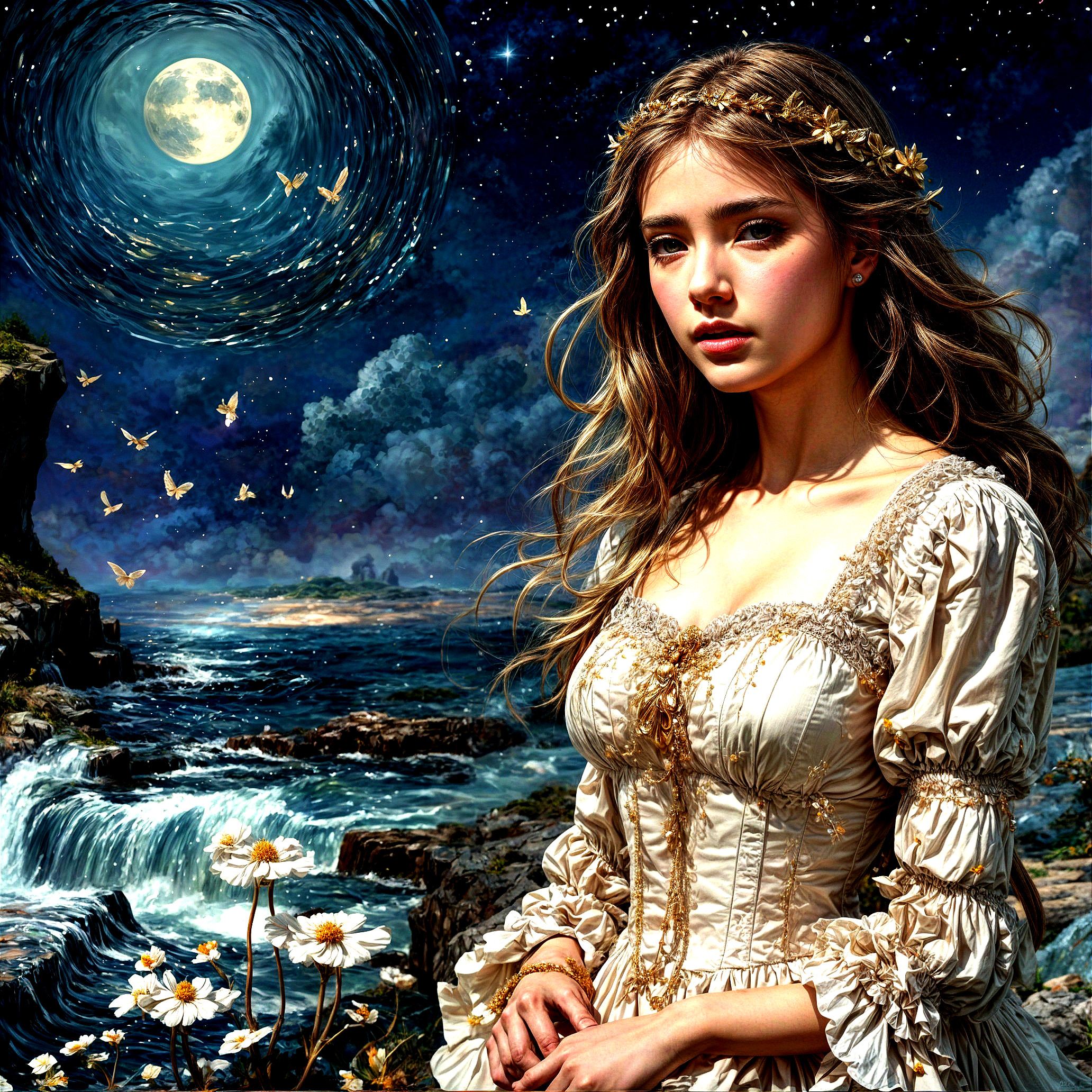 Young woman in vintage gown in a mystical landscape