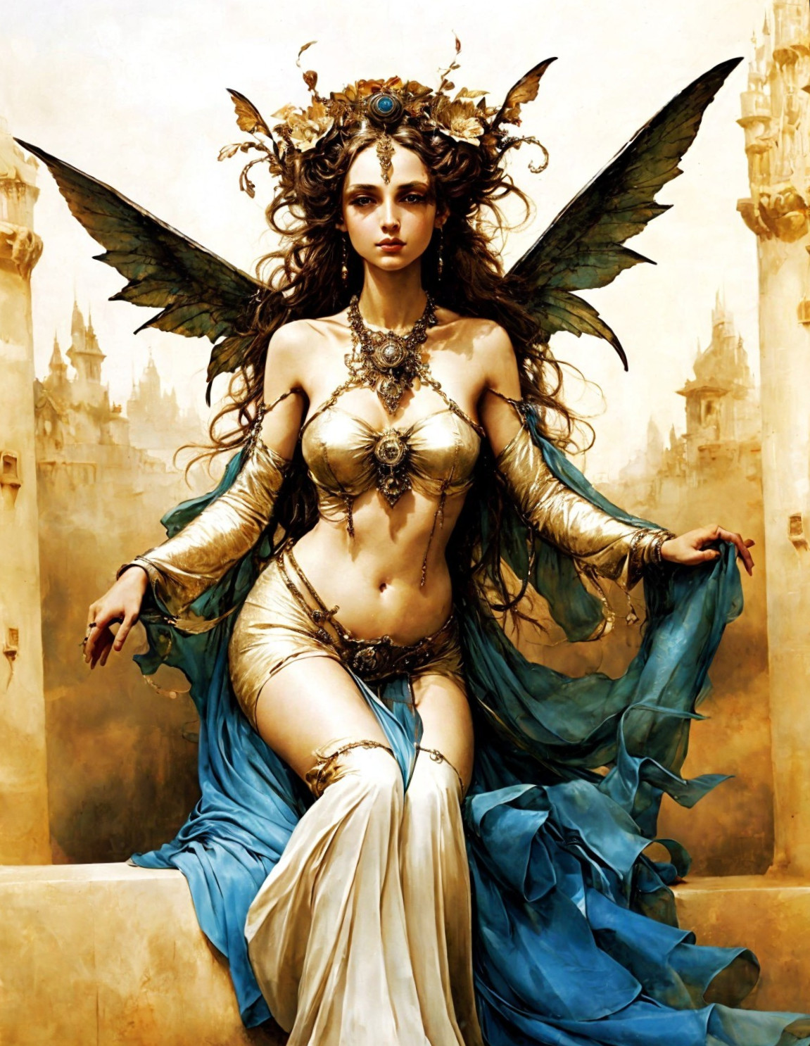 Majestic Figure with Wings Against Grand Backdrop