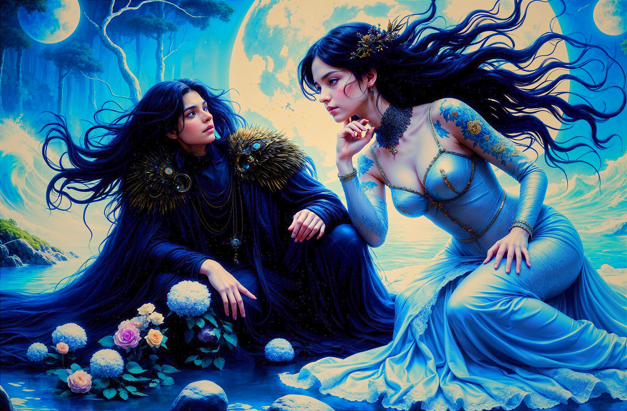 Ethereal Women in Mystical Moonlit Landscape