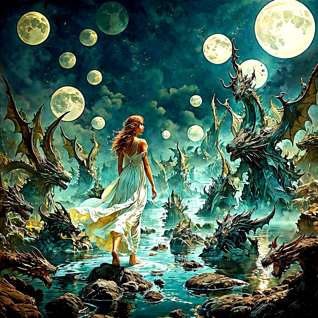Mystical Scene with Woman, Dragons, and Moons