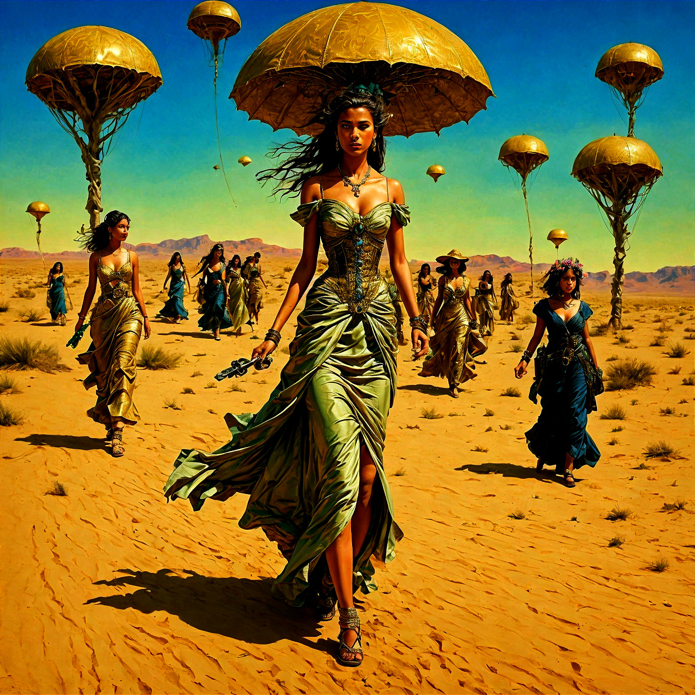 Elegant Women in Gowns with Golden Parasails in Desert