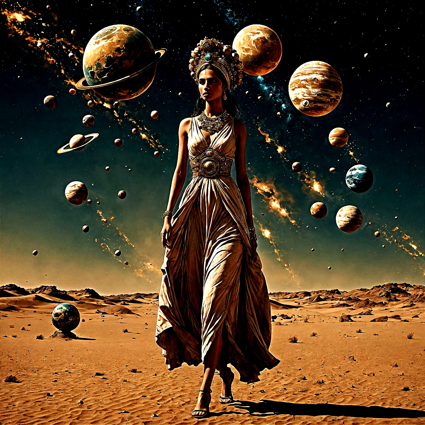 Majestic figure in gown amidst desert and cosmos