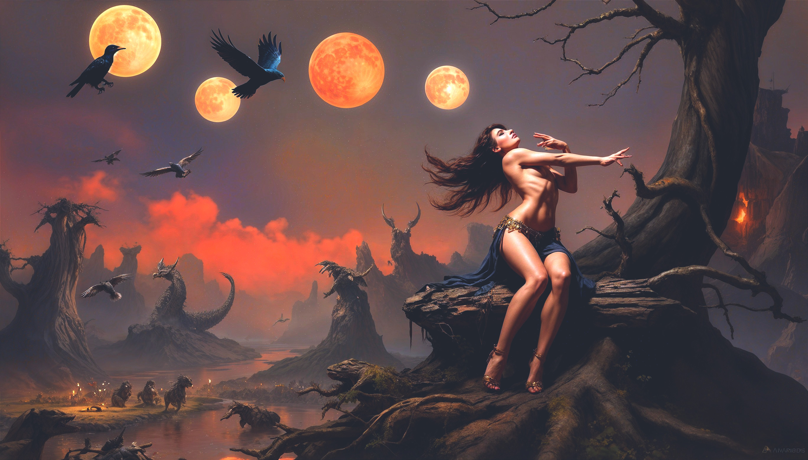 Mystical woman on gnarled tree under glowing moons