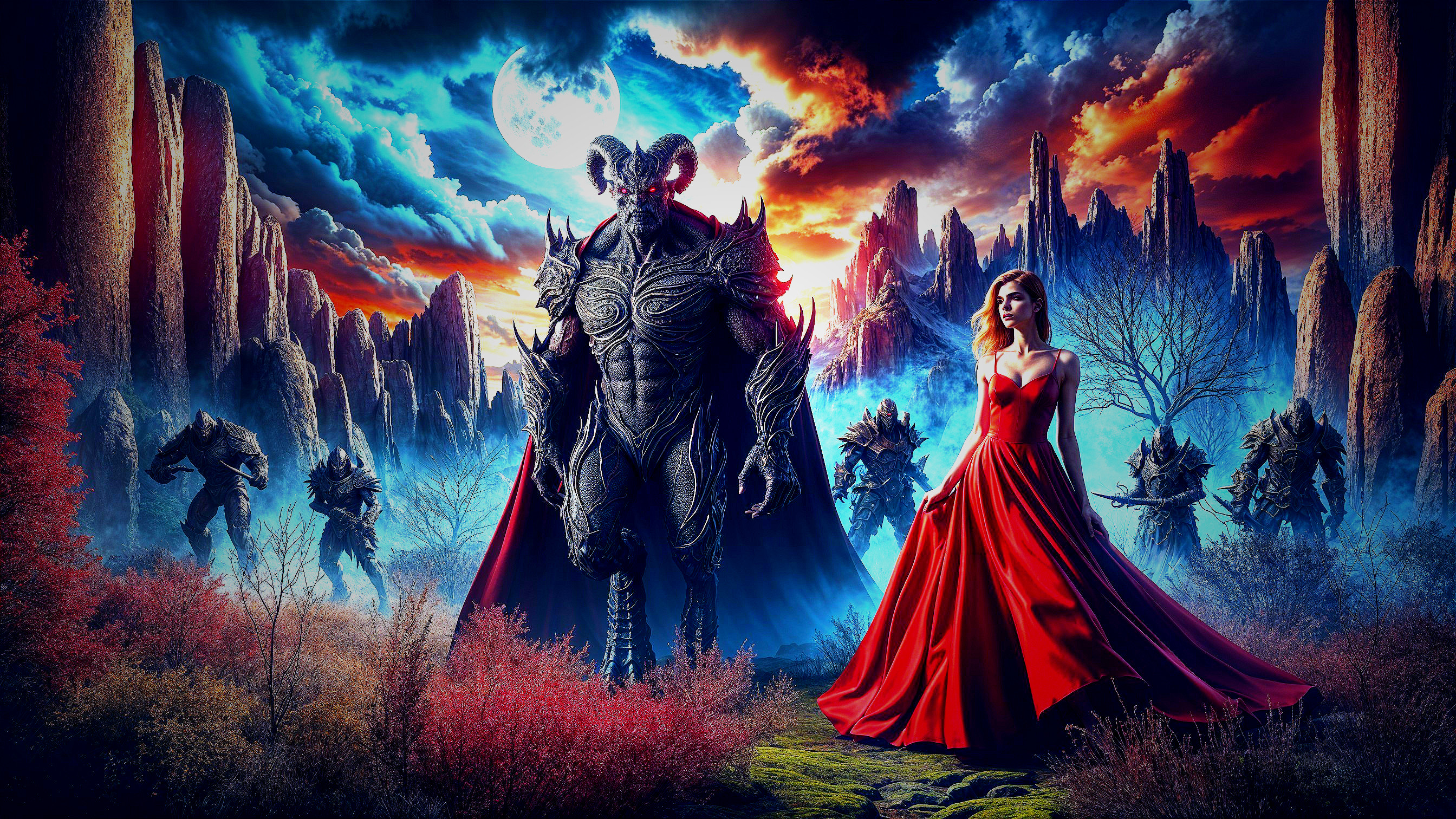 Dramatic Landscape with Armored Figure and Woman in Red