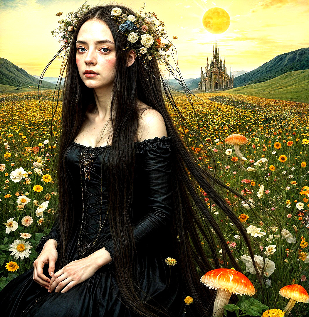 Young woman in meadow with flowers and distant castle