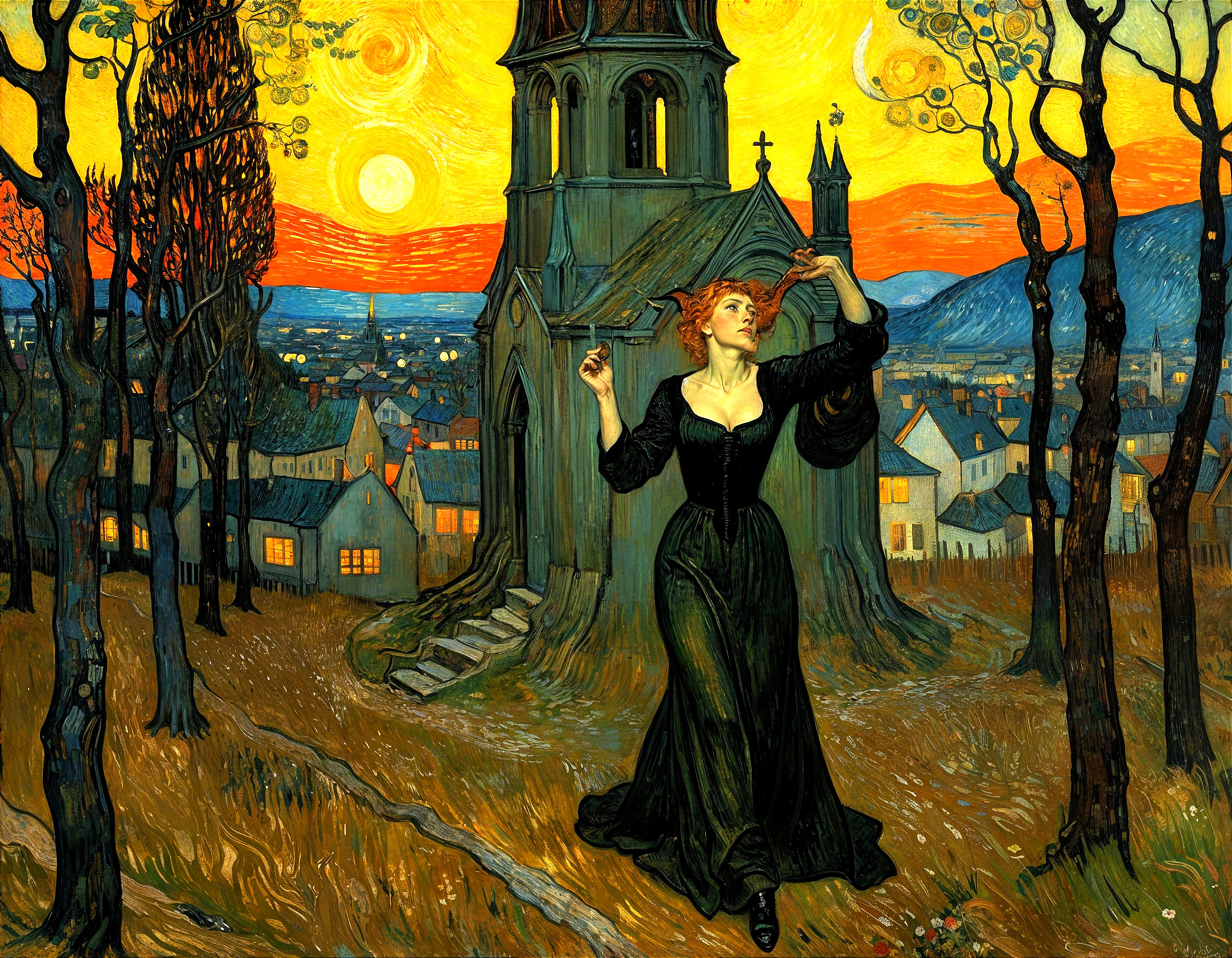 Woman in Black Dress by Ornate Church at Sunset