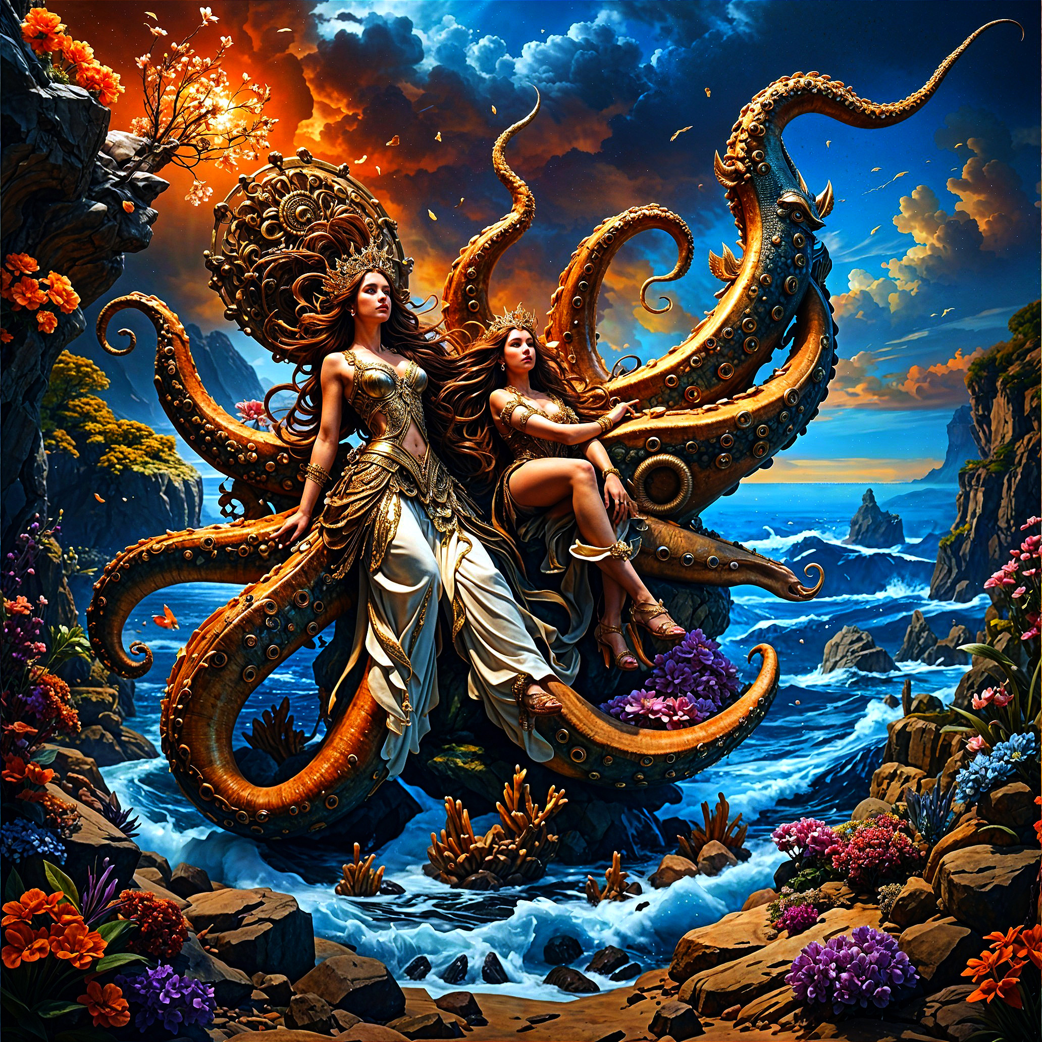 Mythological Figures with Octopus in Coastal Scene