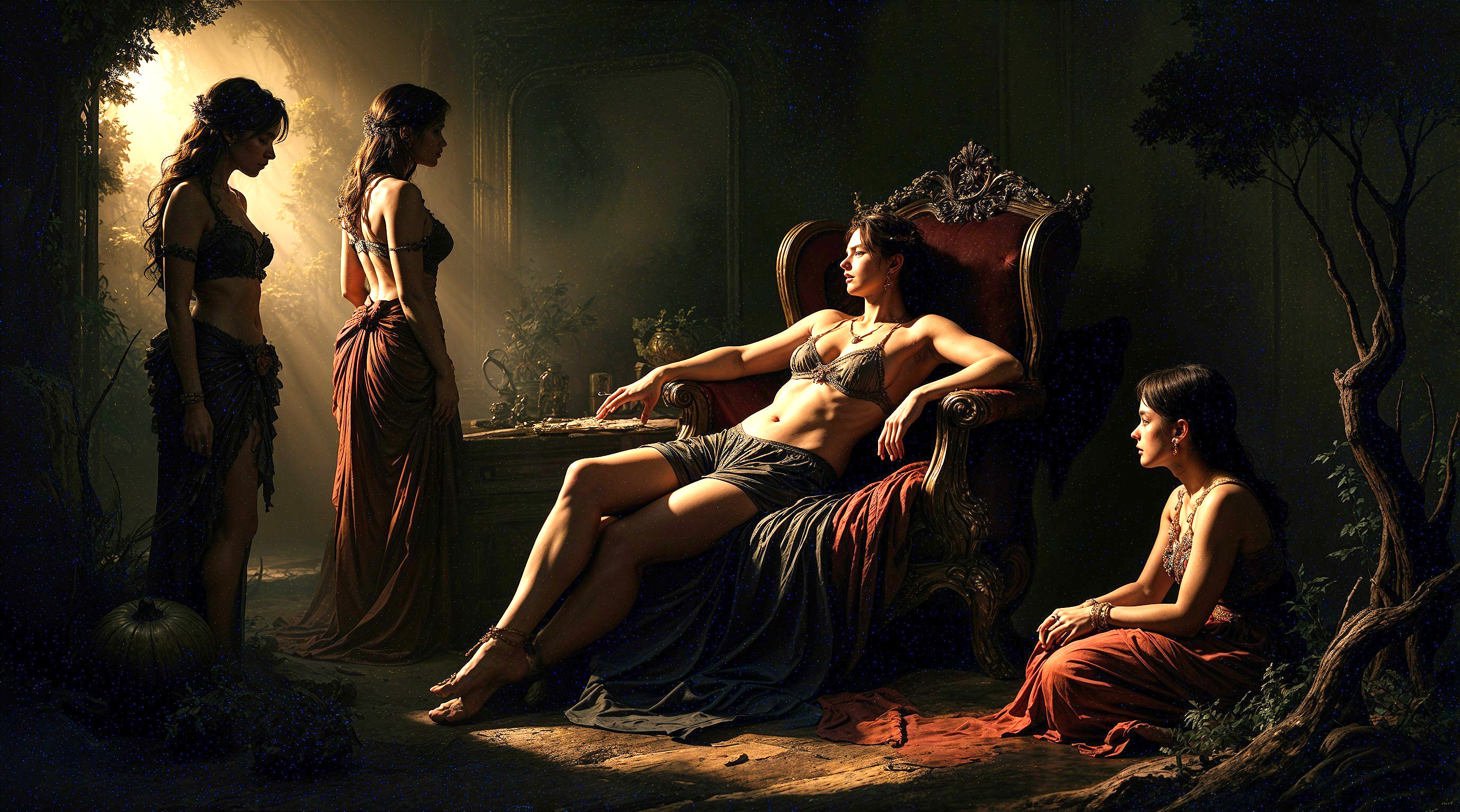 Regal figure on ornate throne with women in garments