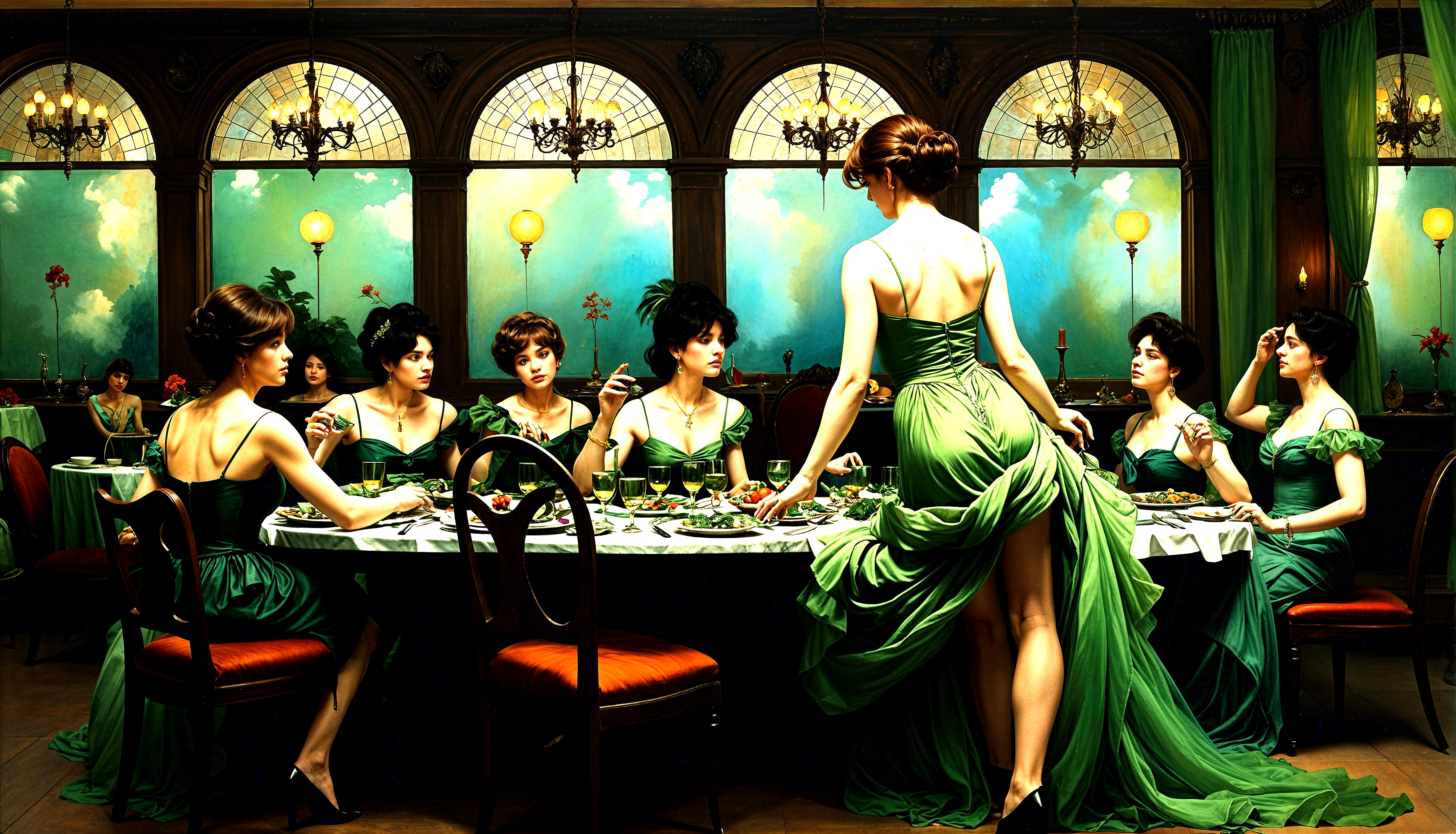 Elegant Women in Green Gowns in Opulent Dining Room